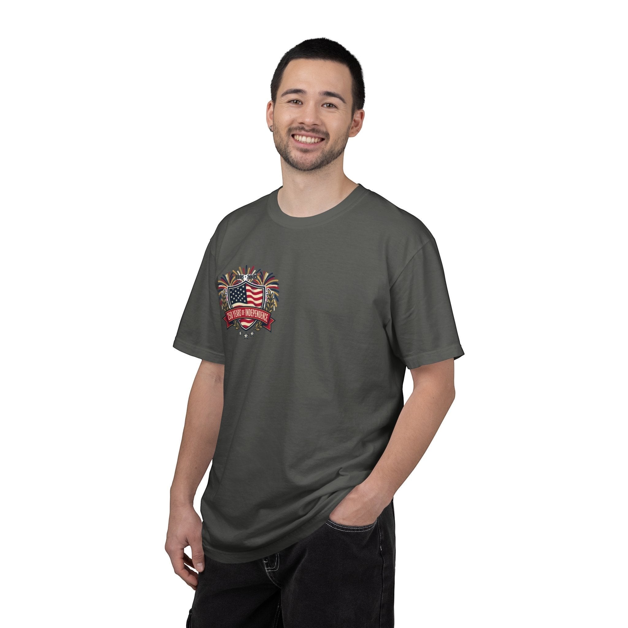 Naughty250 charcoal grey 100% cotton t-shirt with "250 Years of Independence" graphic featuring US flag and fireworks.