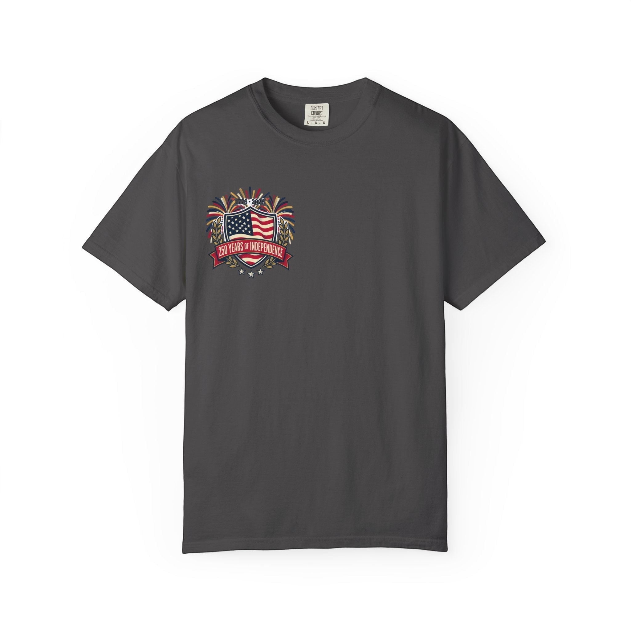 Naughty250 dark grey 100% cotton t-shirt with "250 Years of Independence" graphic on chest.