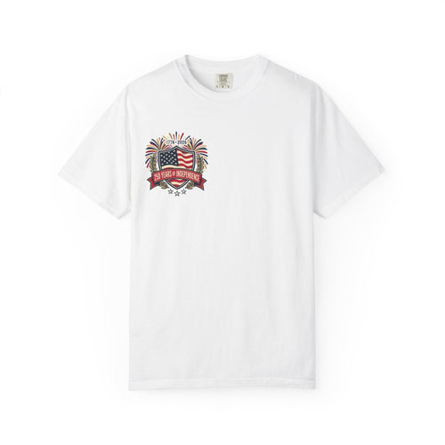 Naughty250 white 100% cotton t-shirt with "250 Years of Independence" graphic and American flag.