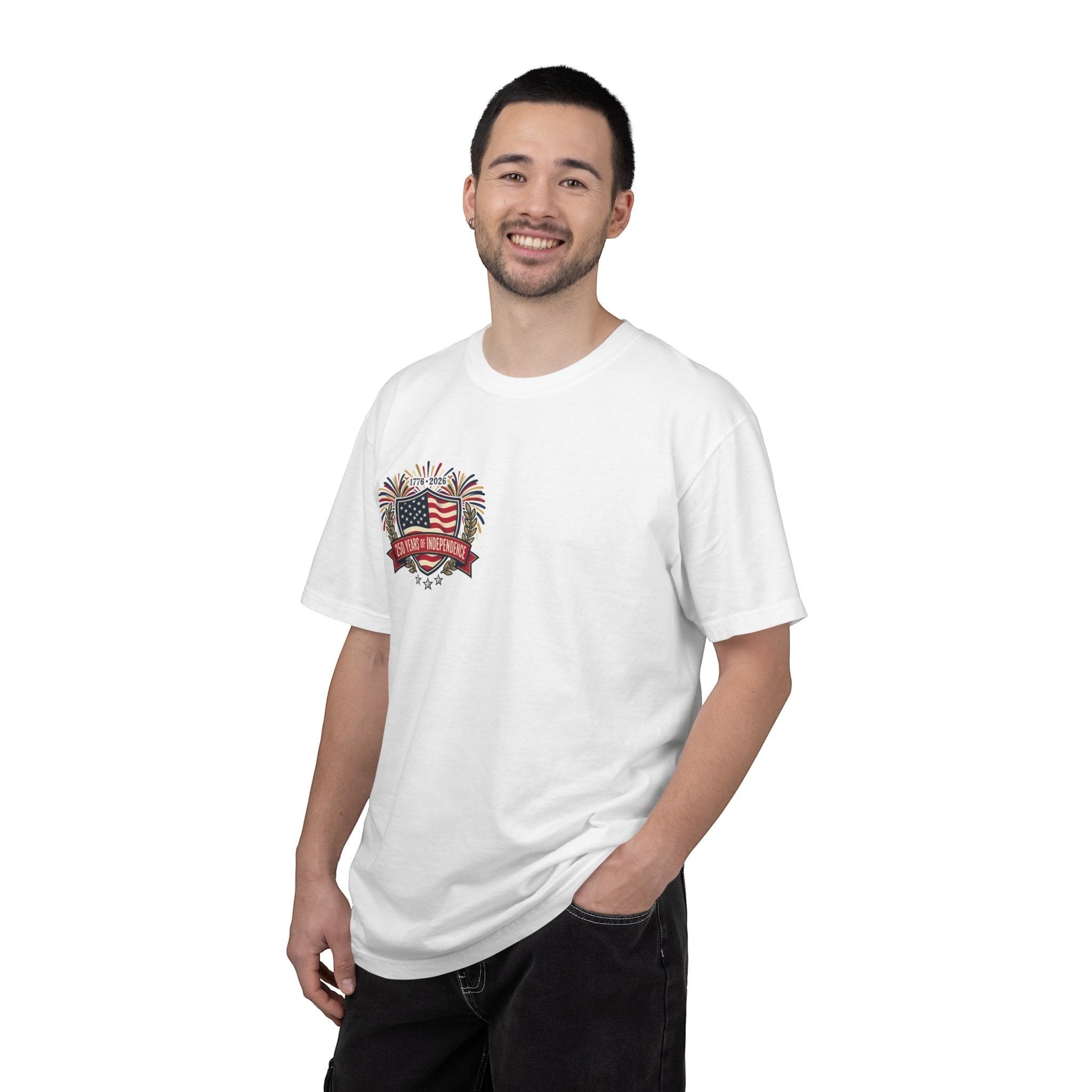 Naughty250 white 100% cotton t-shirt with "250 Years of Independence" graphic featuring US flag and fireworks.