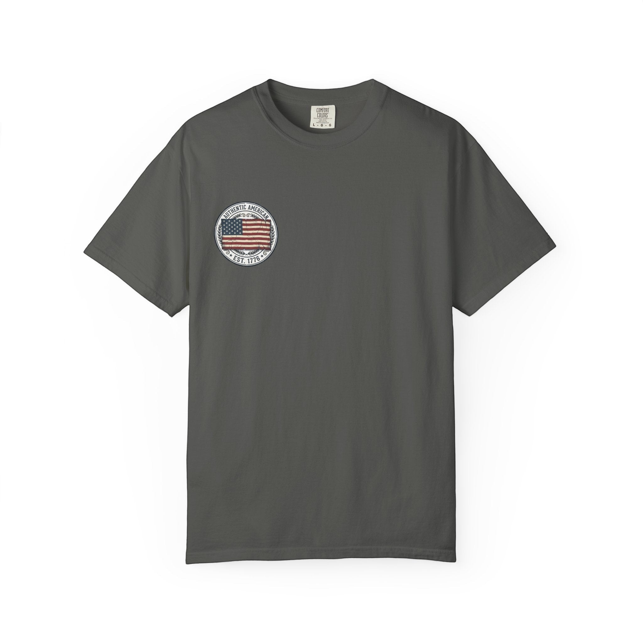 Naughty250 Authentic American Est. 1776 flag graphic tee in charcoal grey, 100% US cotton.
