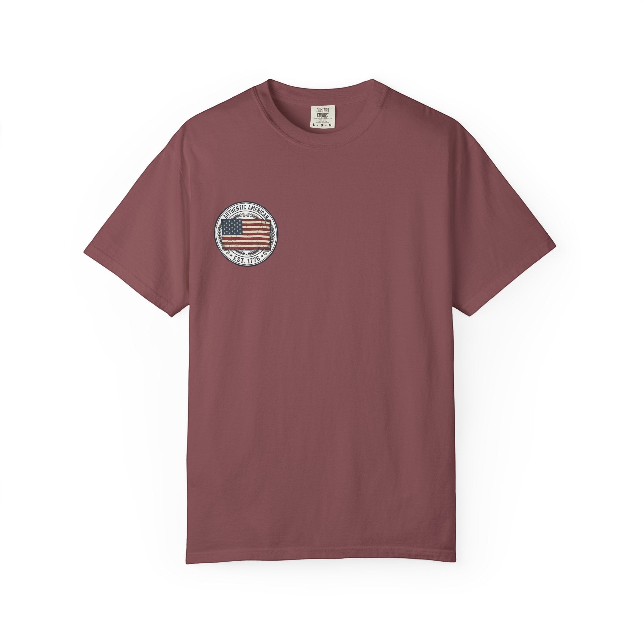 Naughty250 Authentic American Est. 1776 flag graphic tee in maroon, 100% US cotton, relaxed fit.