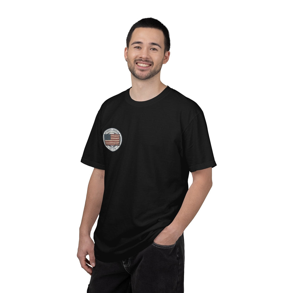 Naughty250 black cotton t-shirt with vintage American flag graphic and "Authentic American Est. 1776" text.