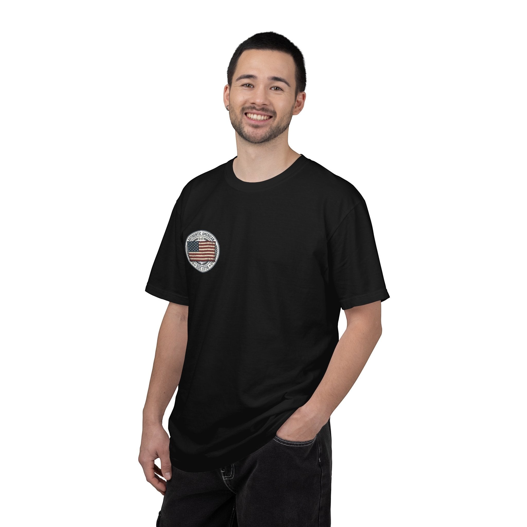 Naughty250 black cotton t-shirt with vintage American flag graphic and "Authentic American Est. 1776" text.