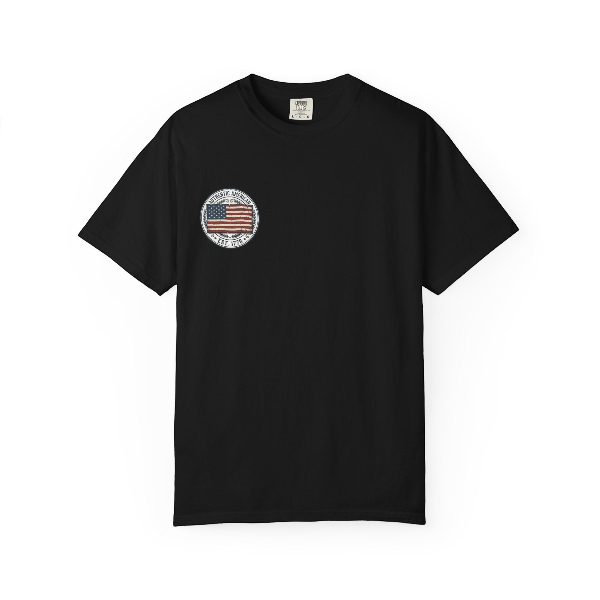 Naughty250 black cotton t-shirt with vintage American flag graphic and "Authentic American Est. 1776" text.