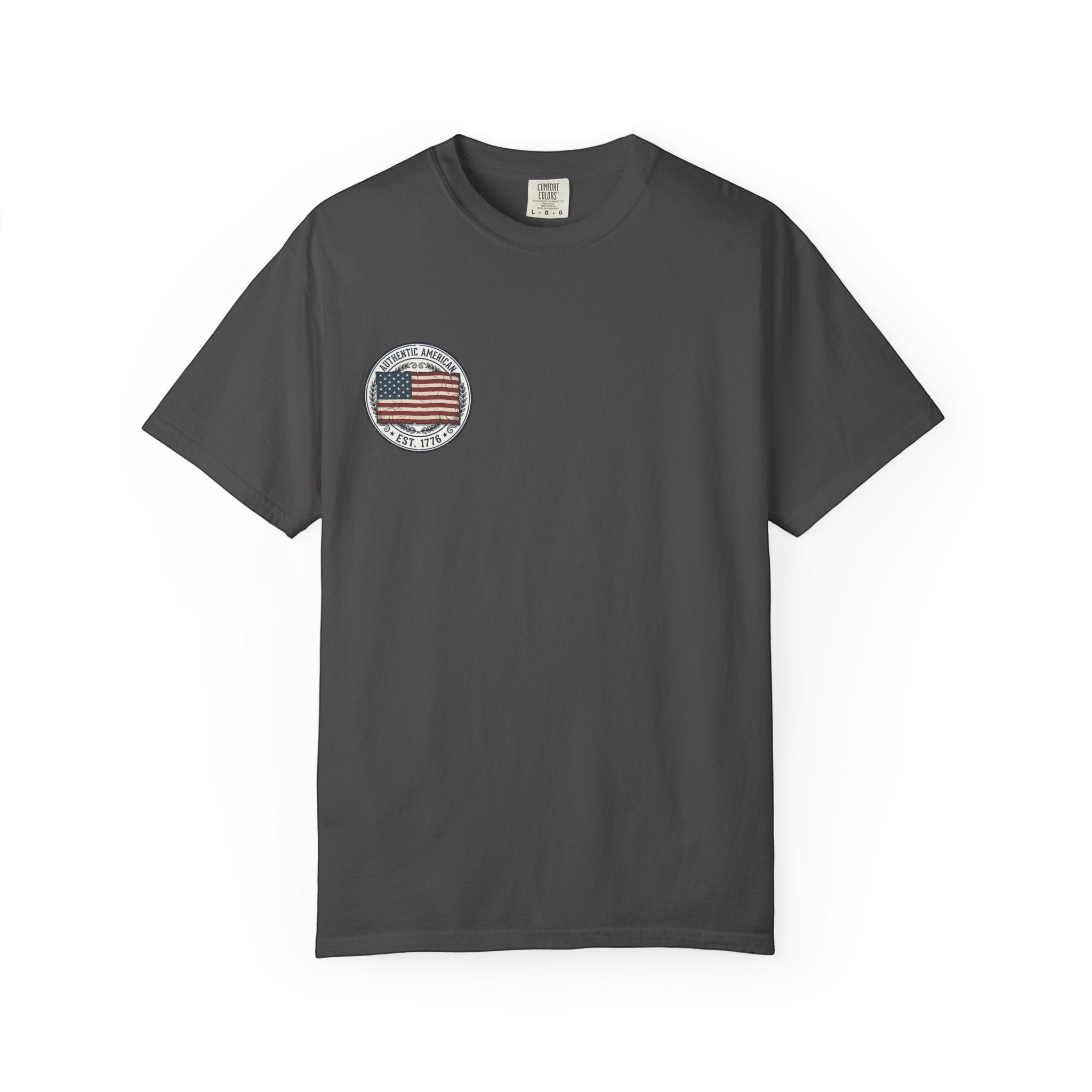 Naughty250 Authentic American Est. 1776 flag graphic tee. Charcoal grey, 100% US cotton, relaxed fit.
