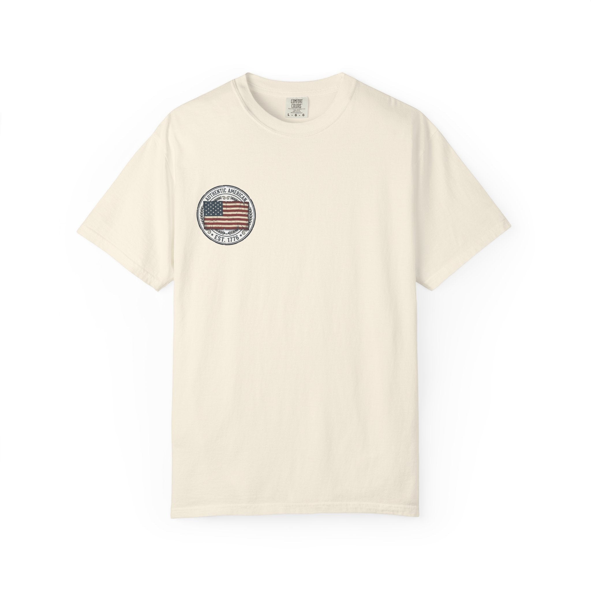 Naughty250 cream heavyweight cotton t-shirt with vintage American flag graphic and "Authentic American Est. 1776" text.