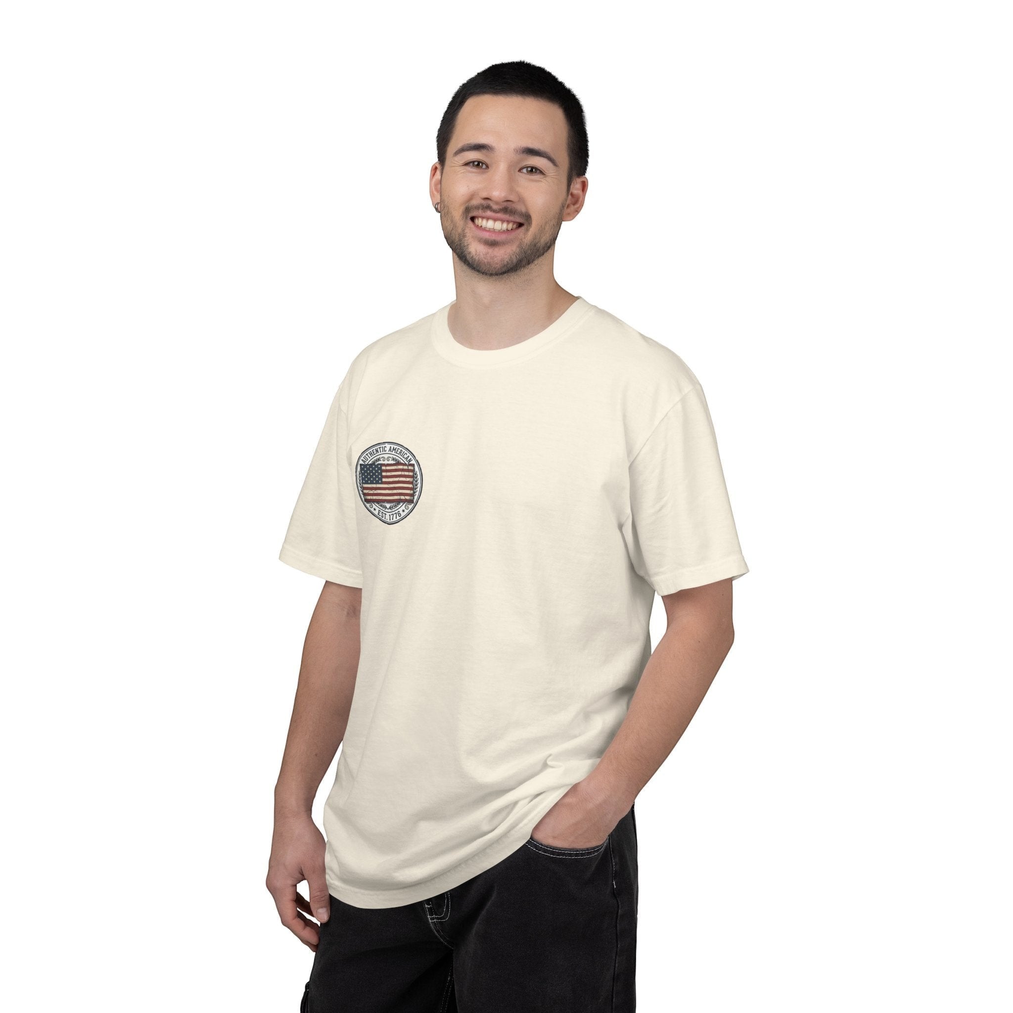 Naughty250 cream heavyweight cotton t-shirt with vintage American flag graphic and "Authentic American Est. 1776" text.