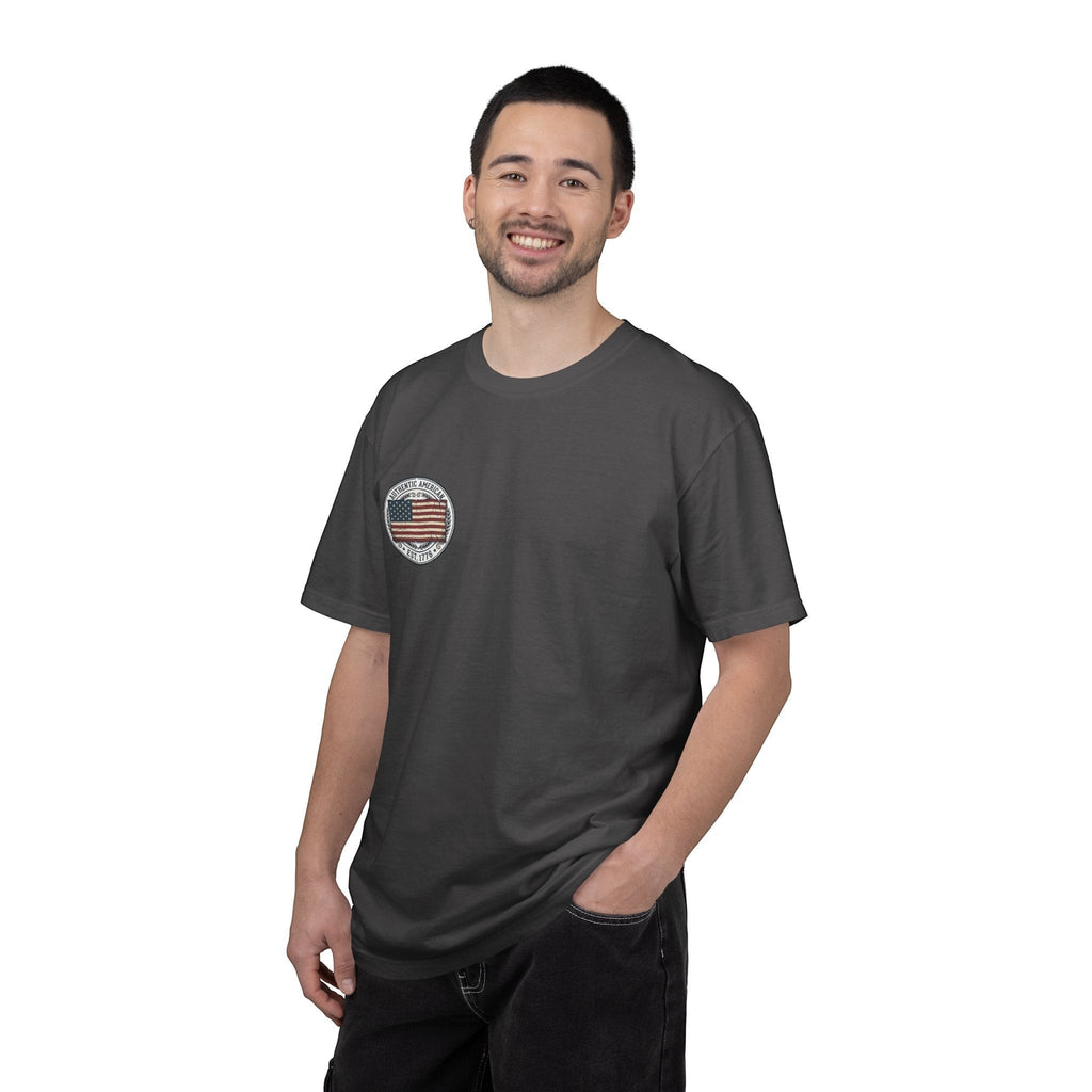 Naughty250 dark grey 100% cotton t-shirt with vintage American flag graphic and "Authentic American Est. 1776" text.
