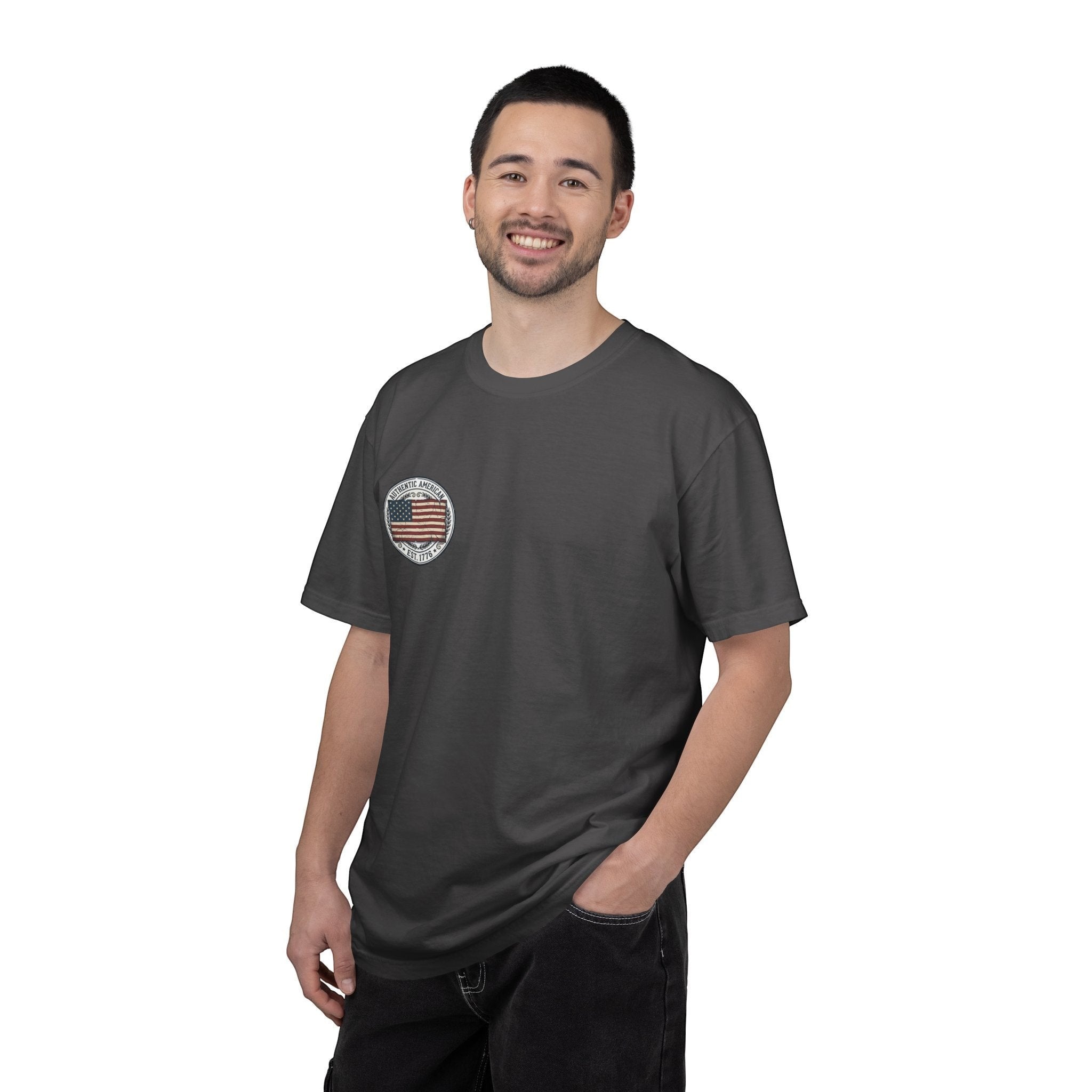 Naughty250 dark grey 100% cotton t-shirt with vintage American flag graphic and "Authentic American Est. 1776" text.