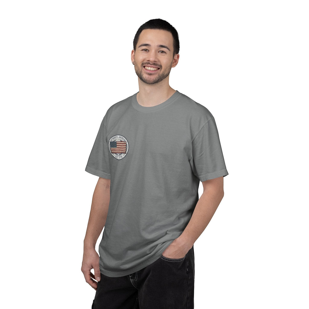 Naughty250 grey cotton t-shirt with vintage American flag graphic and "Authentic American Est. 1776" text.