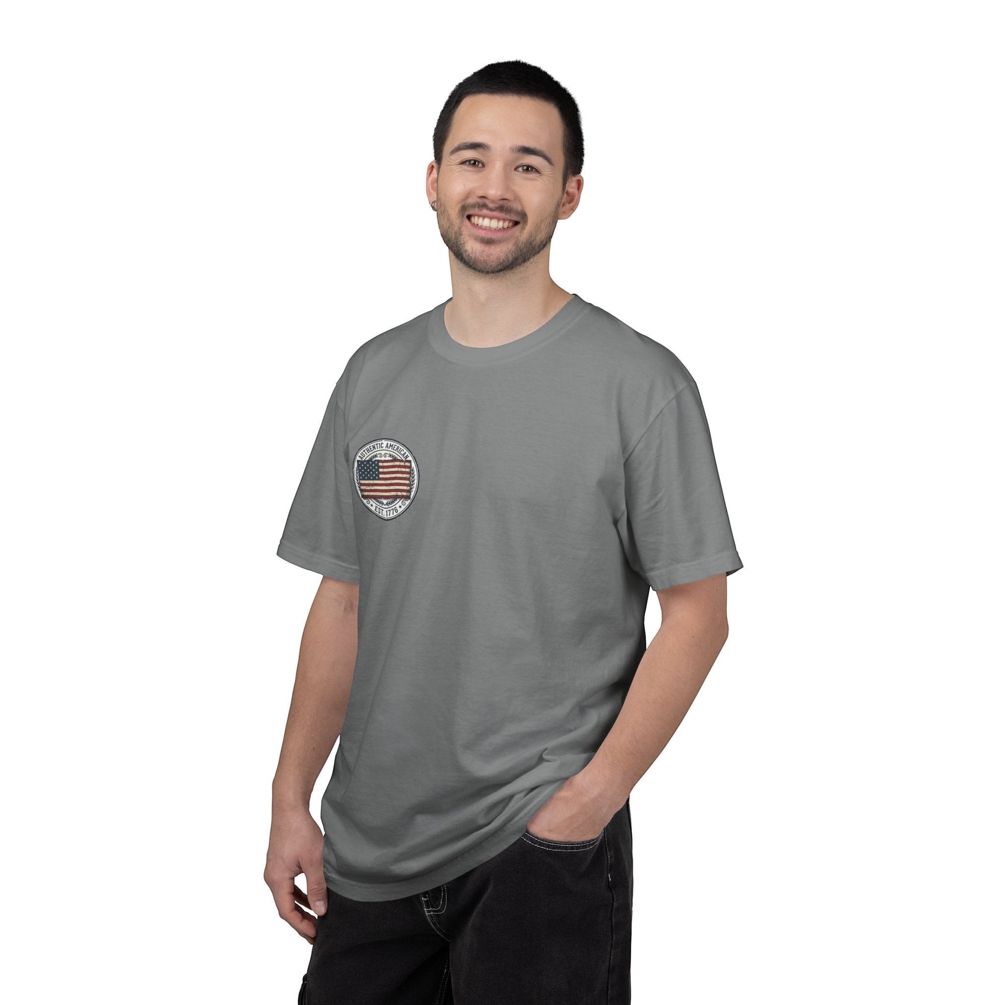 Naughty250 grey cotton t-shirt with vintage American flag graphic and "Authentic American Est. 1776" text.