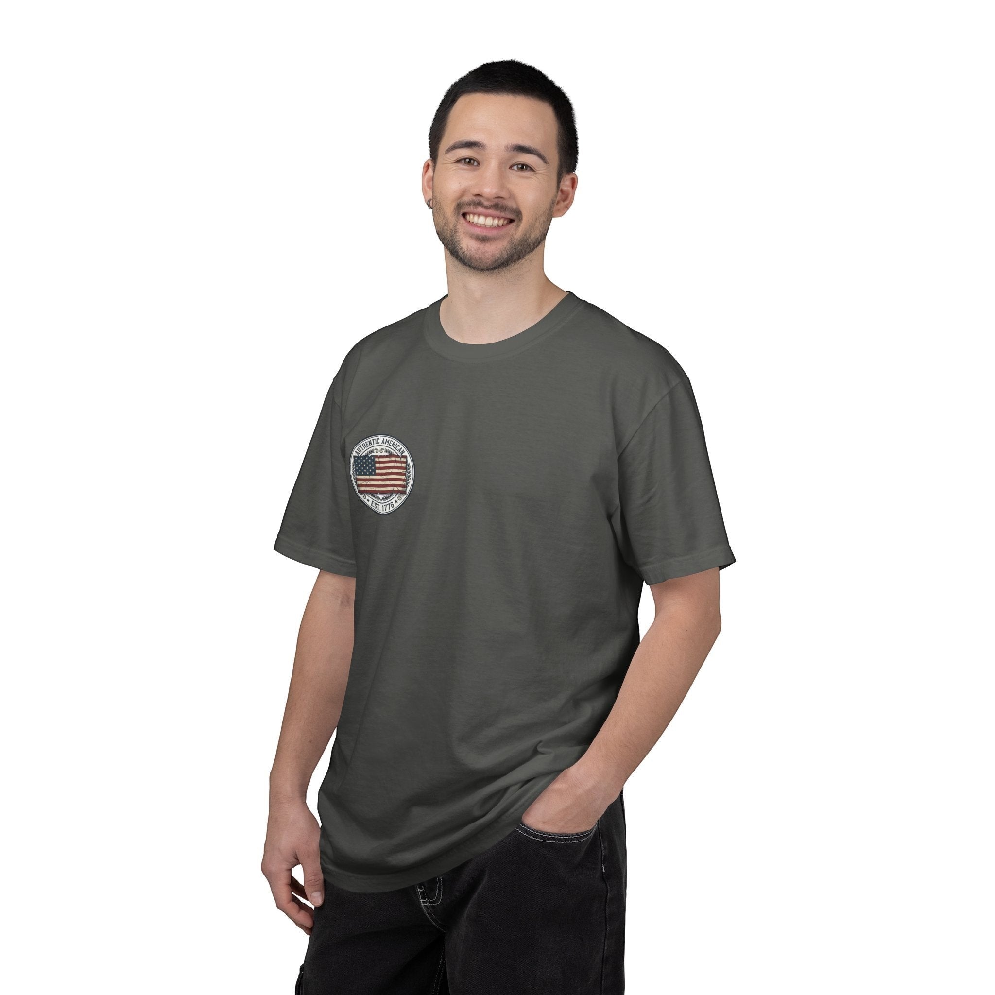 Naughty250 grey cotton t-shirt with vintage American flag graphic and "Authentic American Est. 1776" text.