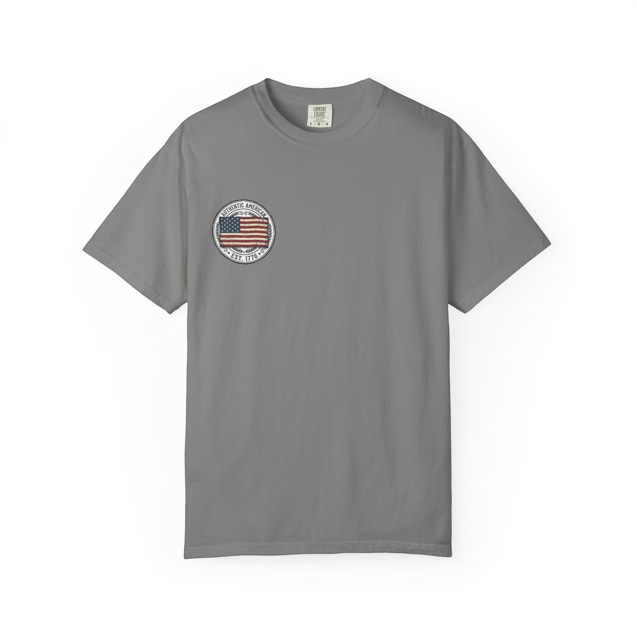 Naughty250 grey cotton t-shirt with vintage American flag graphic and "Authentic American Est. 1776" text.