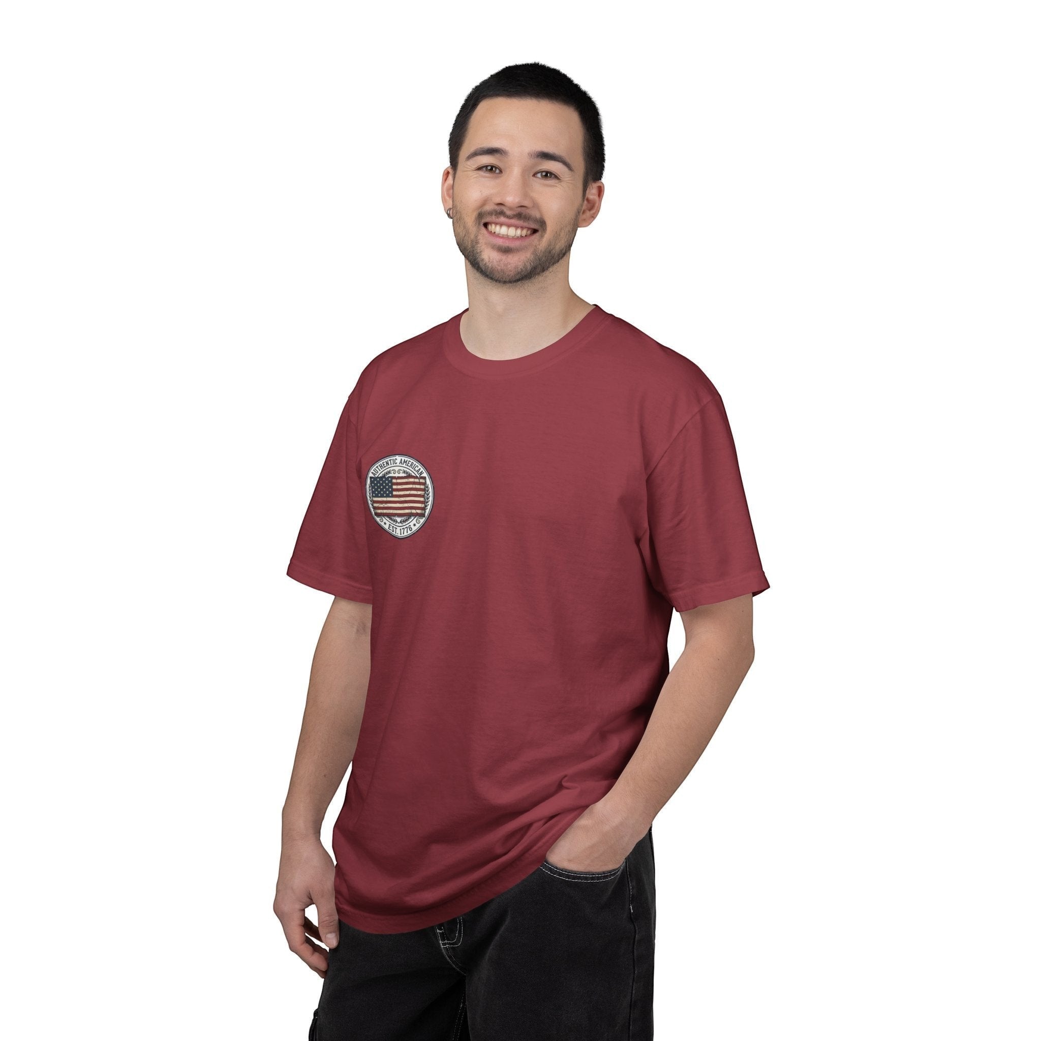 Naughty250 Authentic American Est. 1776 flag tee in maroon, made of 100% US cotton with a vintage graphic.