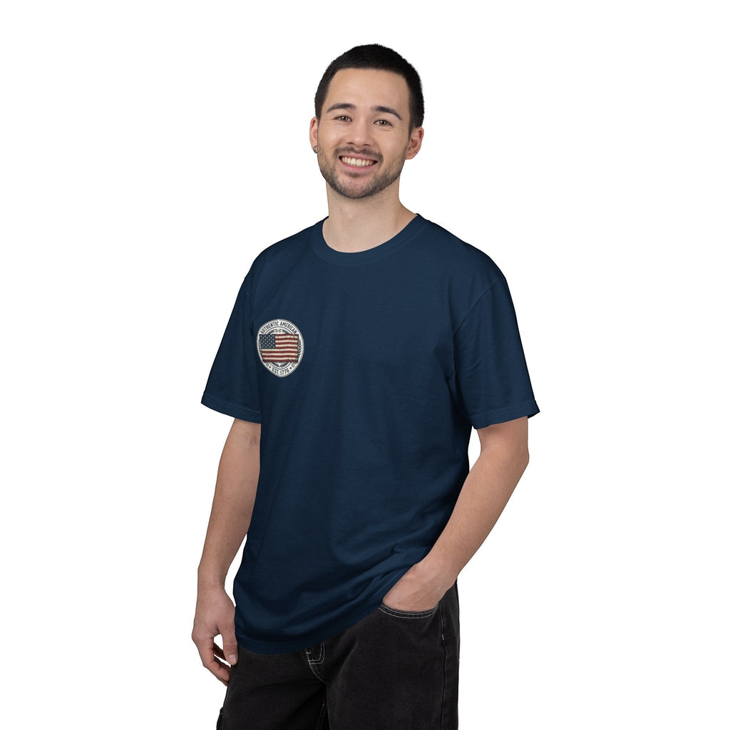 Naughty250 navy blue 100% cotton tee with vintage American flag graphic and "Authentic American Est. 1776" text.