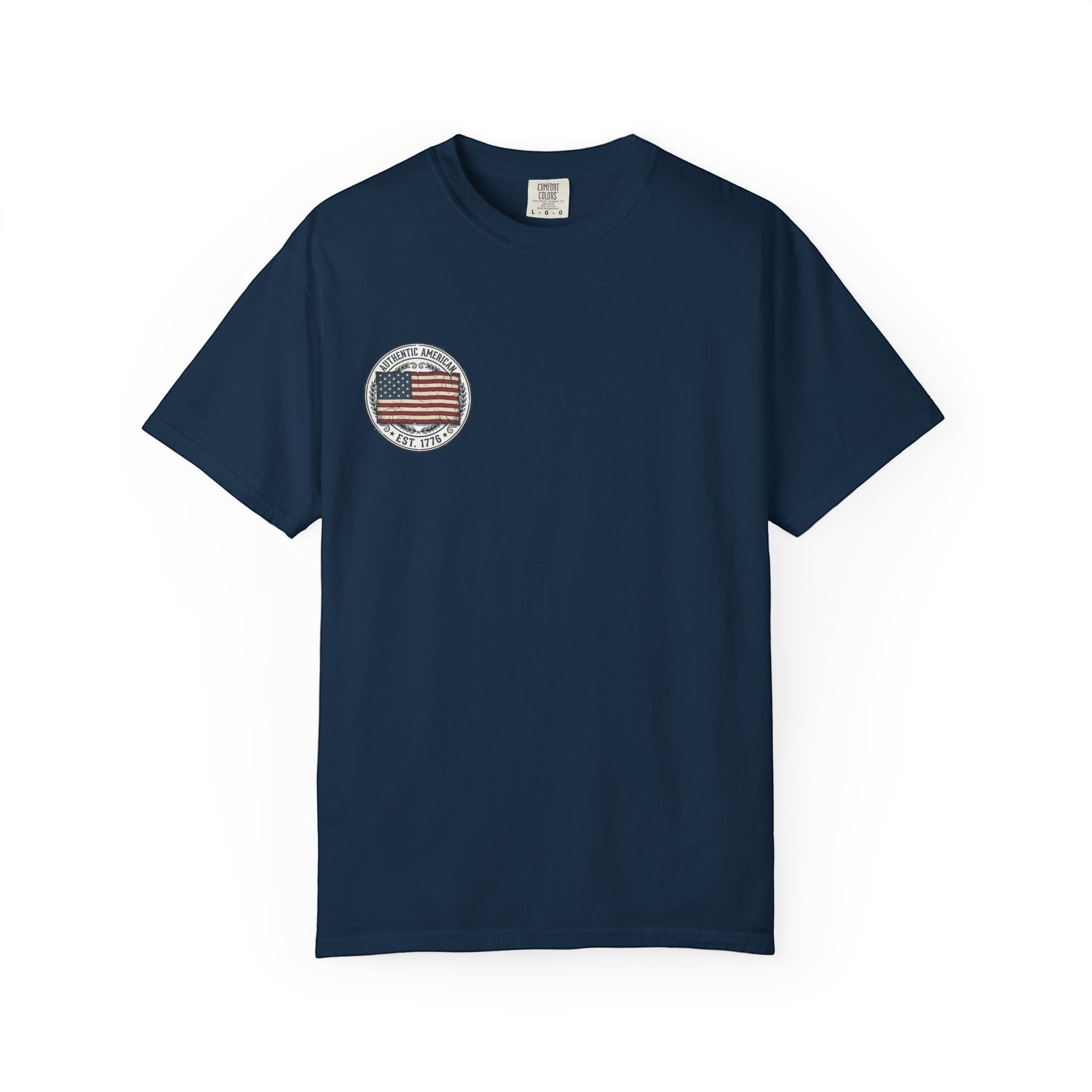 Naughty250 navy blue cotton tee with vintage American flag graphic and "Authentic American Est. 1776" text.