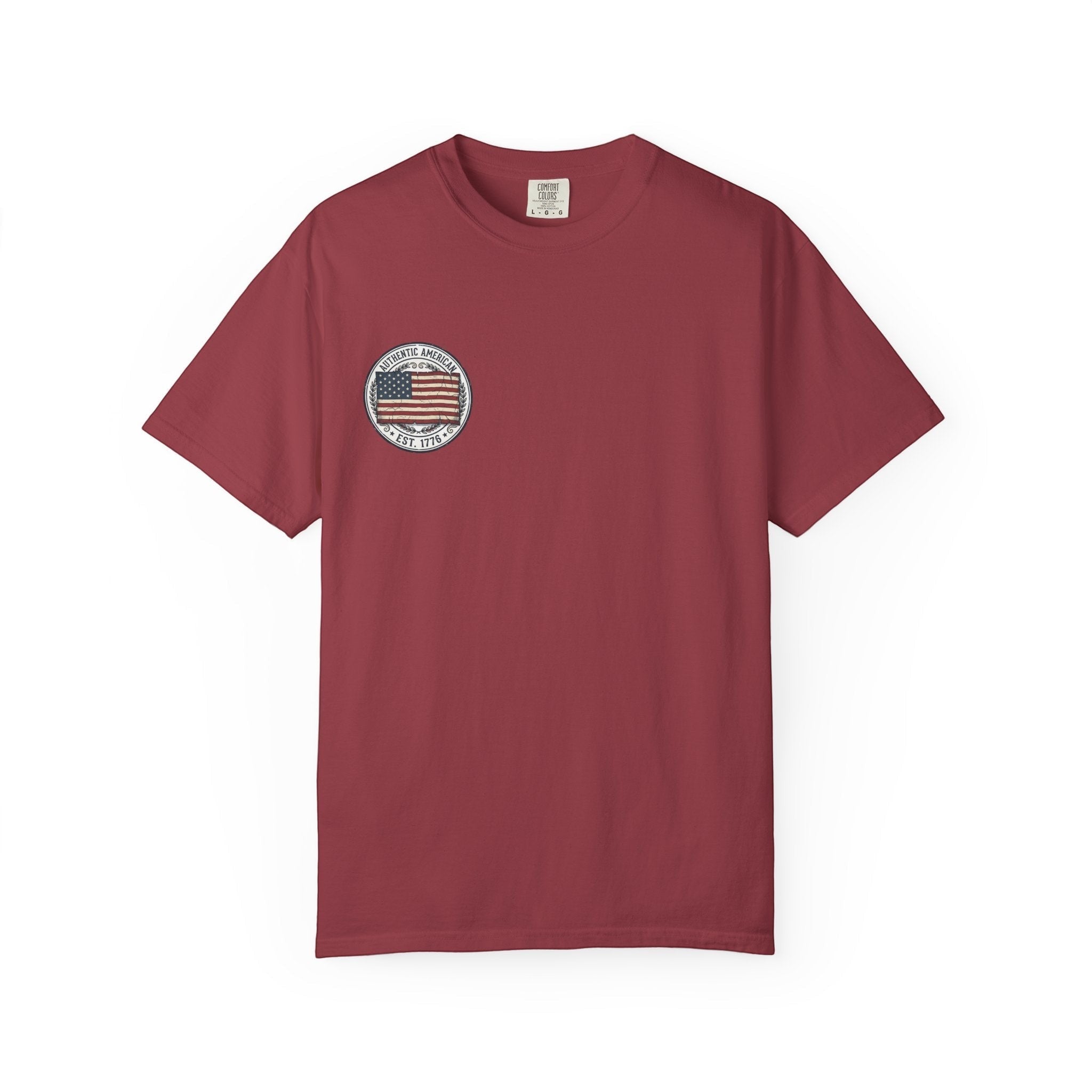 Naughty250 red cotton t-shirt with vintage American flag graphic and "Authentic American Est. 1776" text.