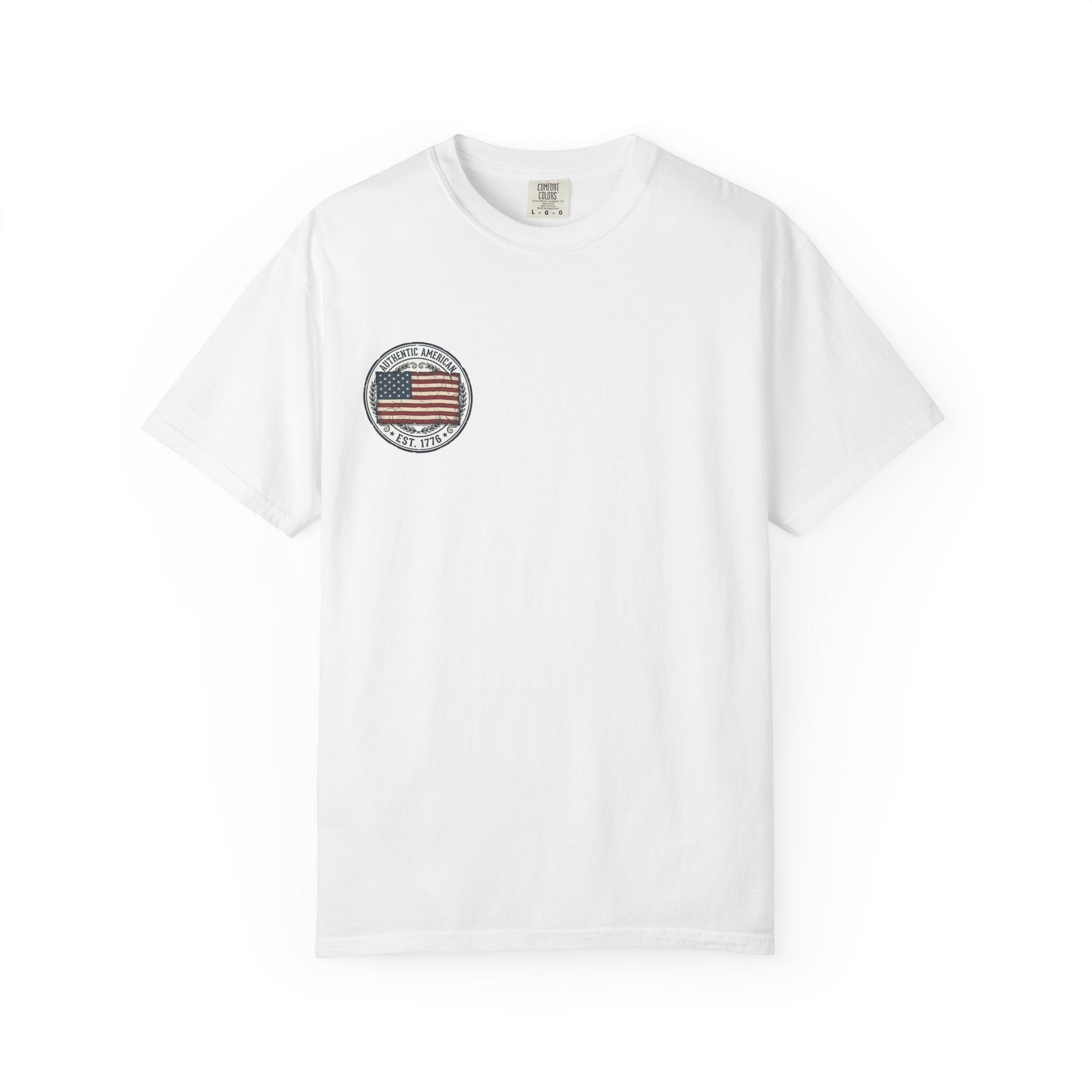 Naughty250 white cotton t-shirt with vintage American flag graphic and "Authentic American Est. 1776" text.