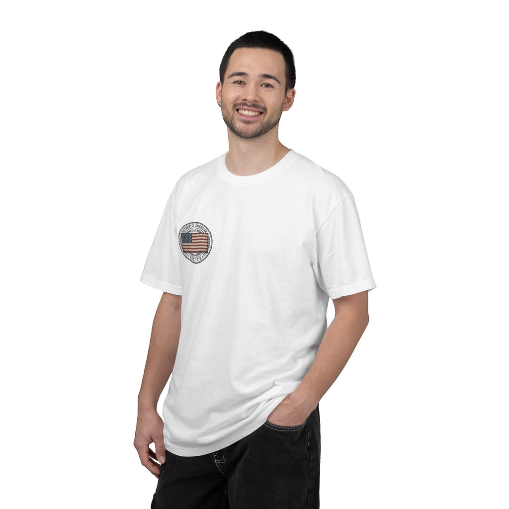 Naughty250 white cotton t-shirt with vintage American flag graphic and "Authentic American Est. 1776" text.