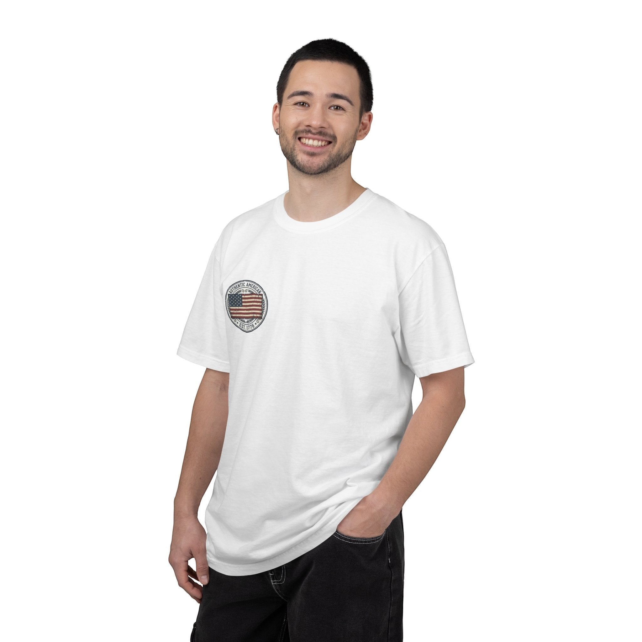 Naughty250 white cotton t-shirt with vintage American flag graphic and "Authentic American Est. 1776" text.