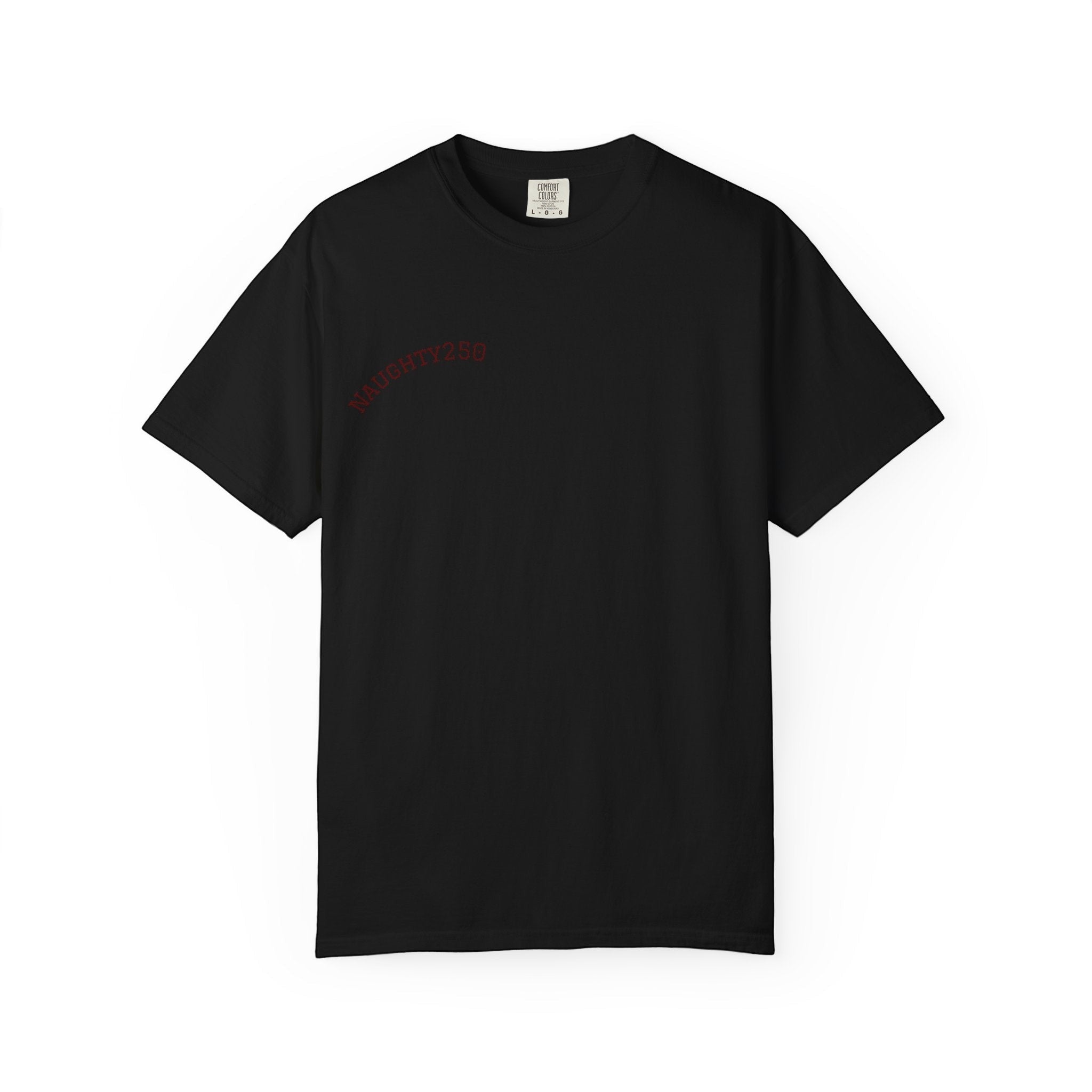 Naughty250 black heavyweight cotton t-shirt with red "Still Shooting 250" graphic on chest.