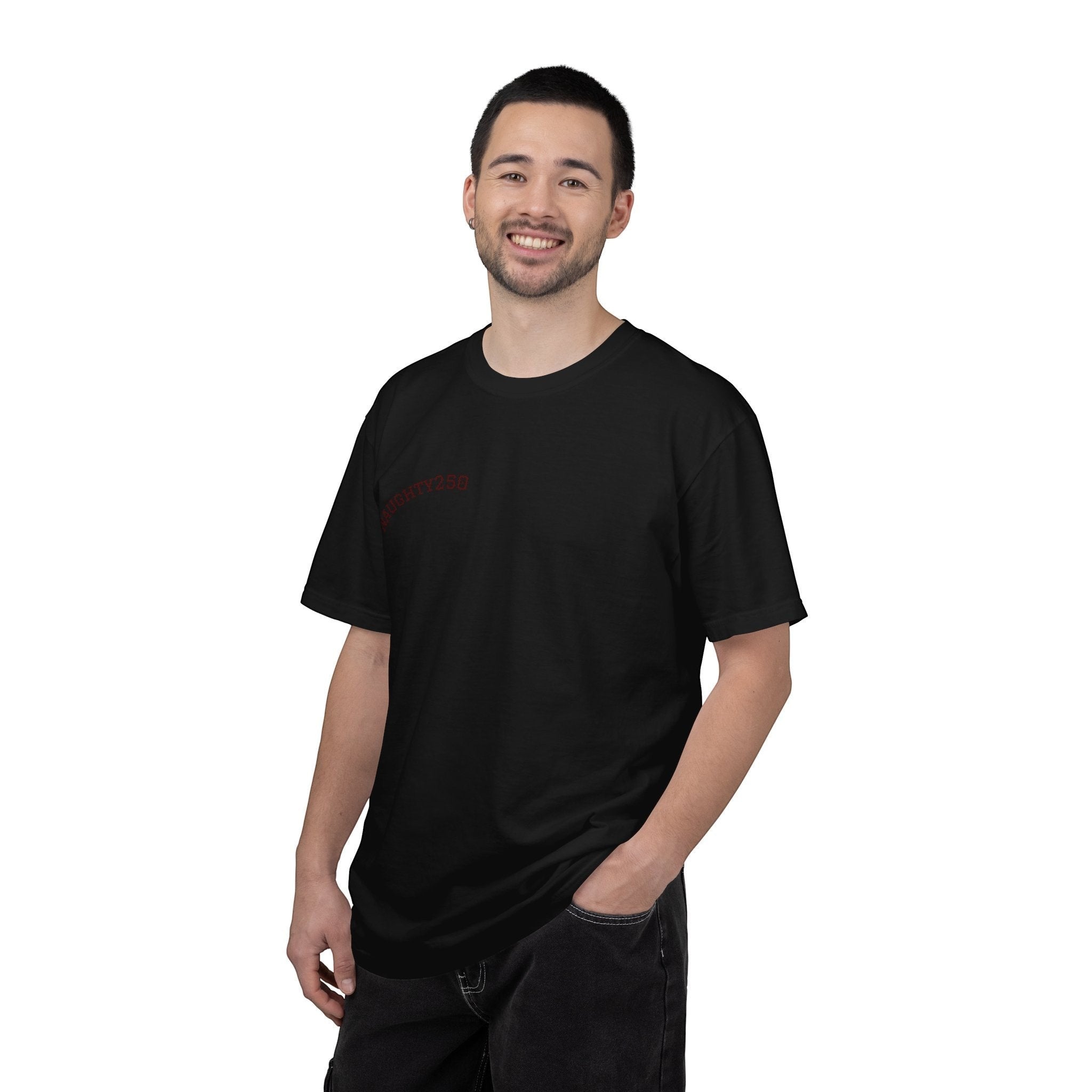 Naughty250 black heavyweight cotton t-shirt with "Still Shooting 250 America" graphic on back.