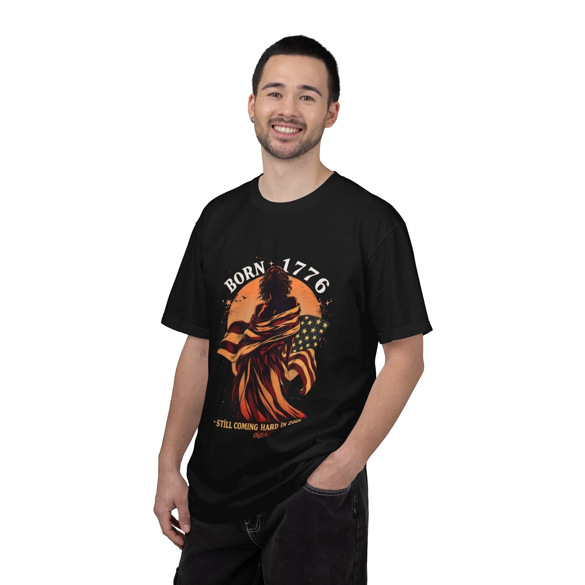 Naughty250 black cotton t-shirt with a graphic of a figure wrapped in the American flag, text "Born 1776"