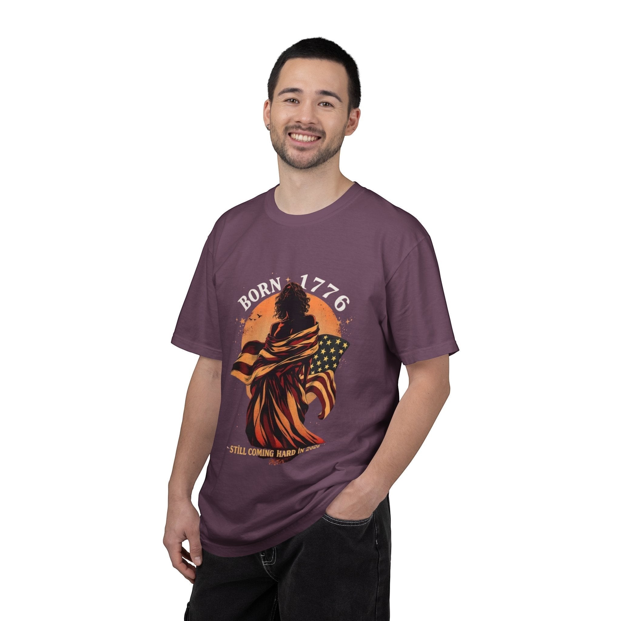 Naughty250 Naughty250 Born 1776 graphic tee, plum, US cotton, featuring a figure wrapped in the American flag.