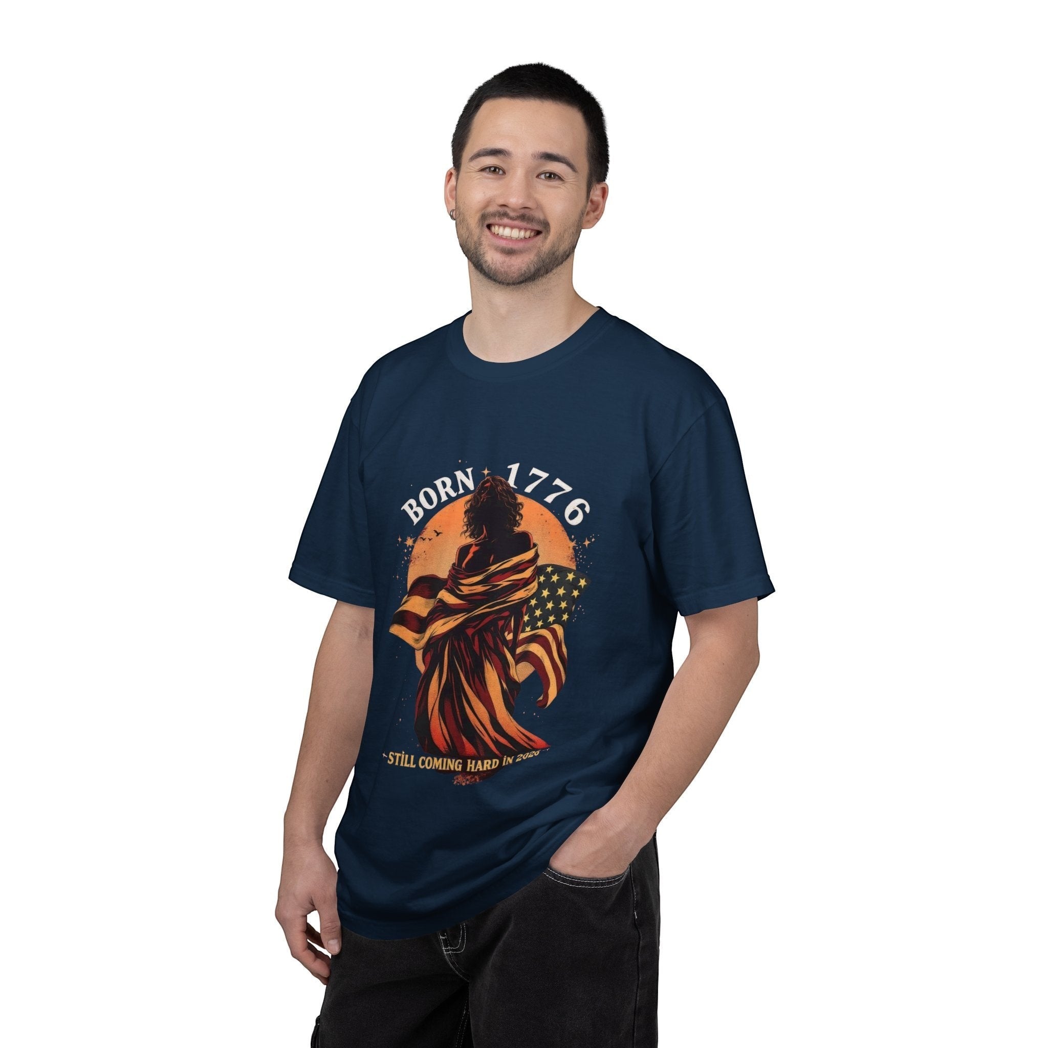Naughty250 navy blue cotton t-shirt with "Born 1776" graphic of a figure wrapped in the American flag.