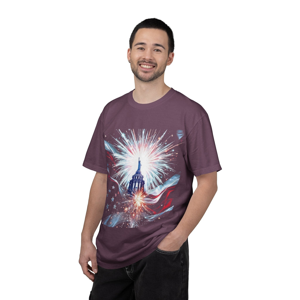 Naughty250 Capitol Fireworks T-Shirt in plum, featuring a patriotic graphic of the Capitol dome with fireworks and the American flag.