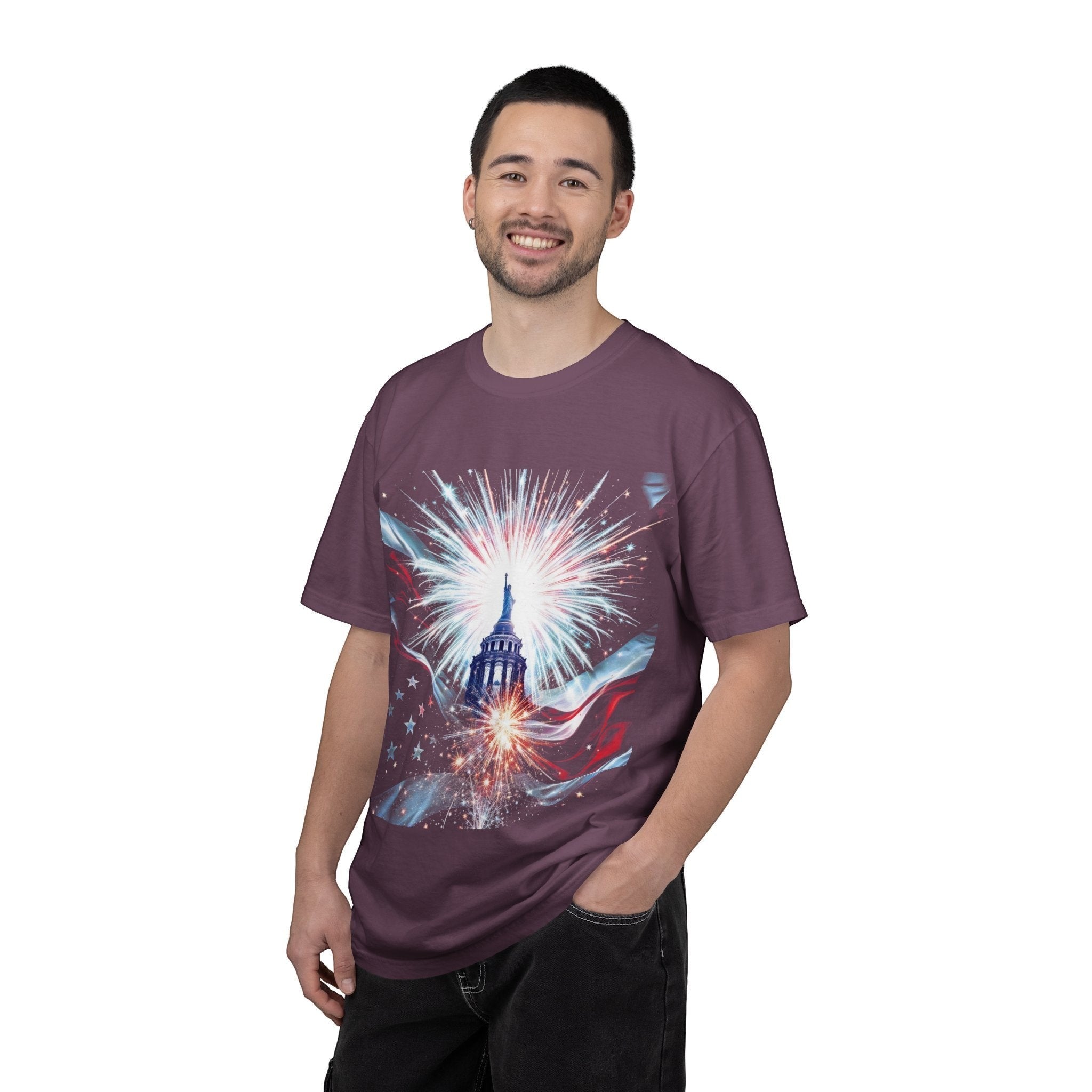 Naughty250 Capitol Fireworks T-Shirt in plum, featuring a patriotic graphic of the Capitol dome with fireworks and the American flag.