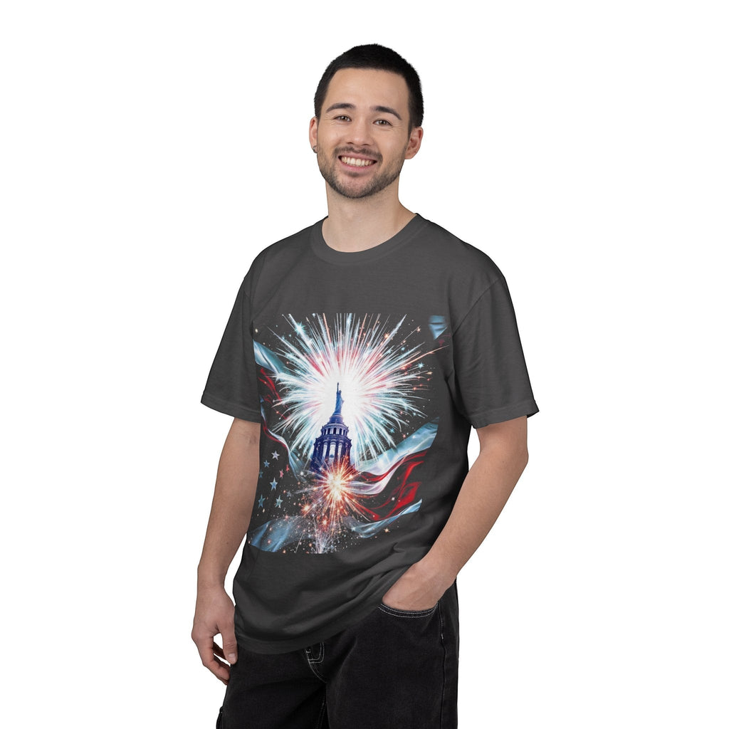 Naughty250 Capitol Fireworks T-Shirt: A dark grey, 100% cotton tee featuring a patriotic graphic of the Capitol dome with fireworks and the American flag.