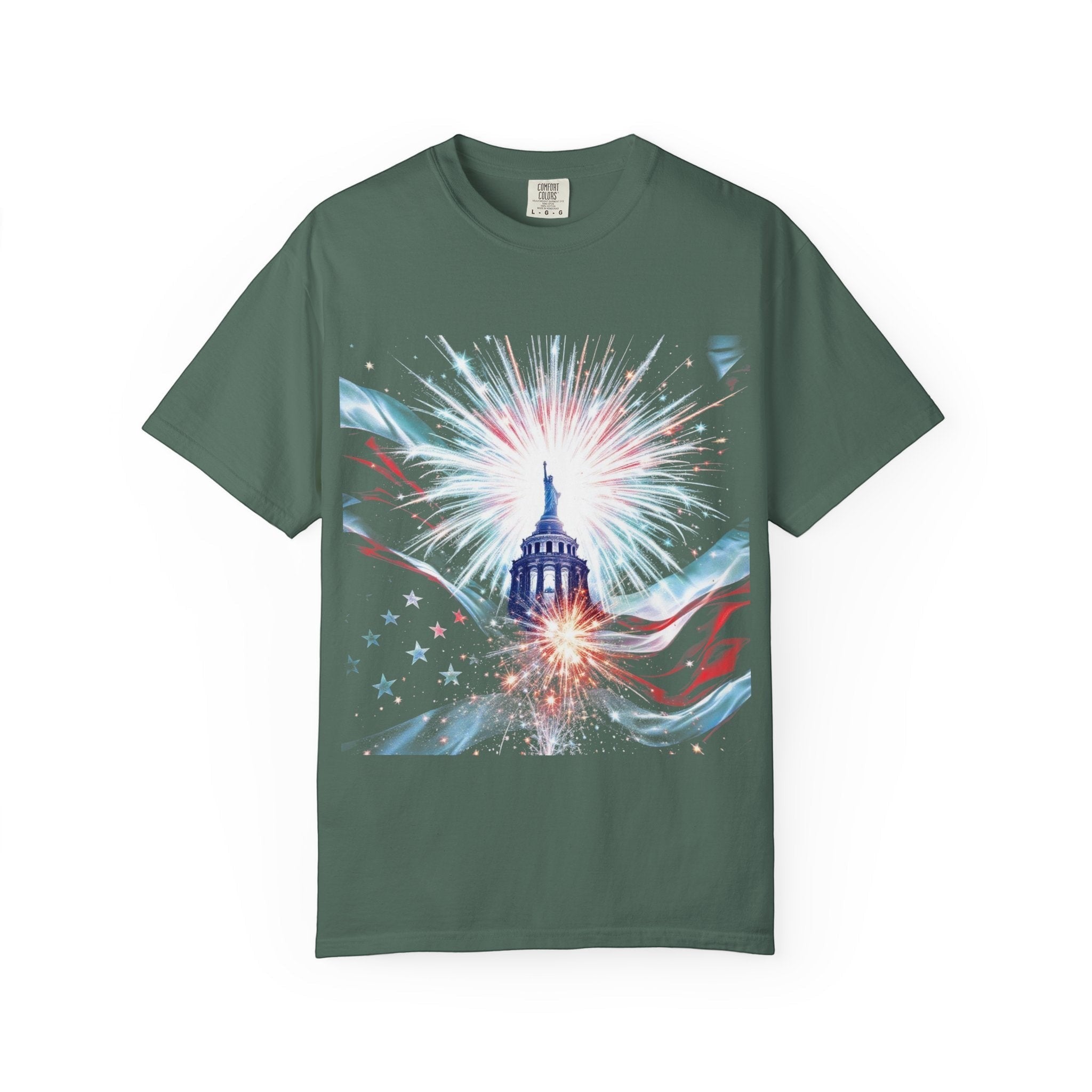 Naughty250 Capitol Fireworks T-Shirt in green, featuring a patriotic graphic of the Capitol building with fireworks and the American flag.