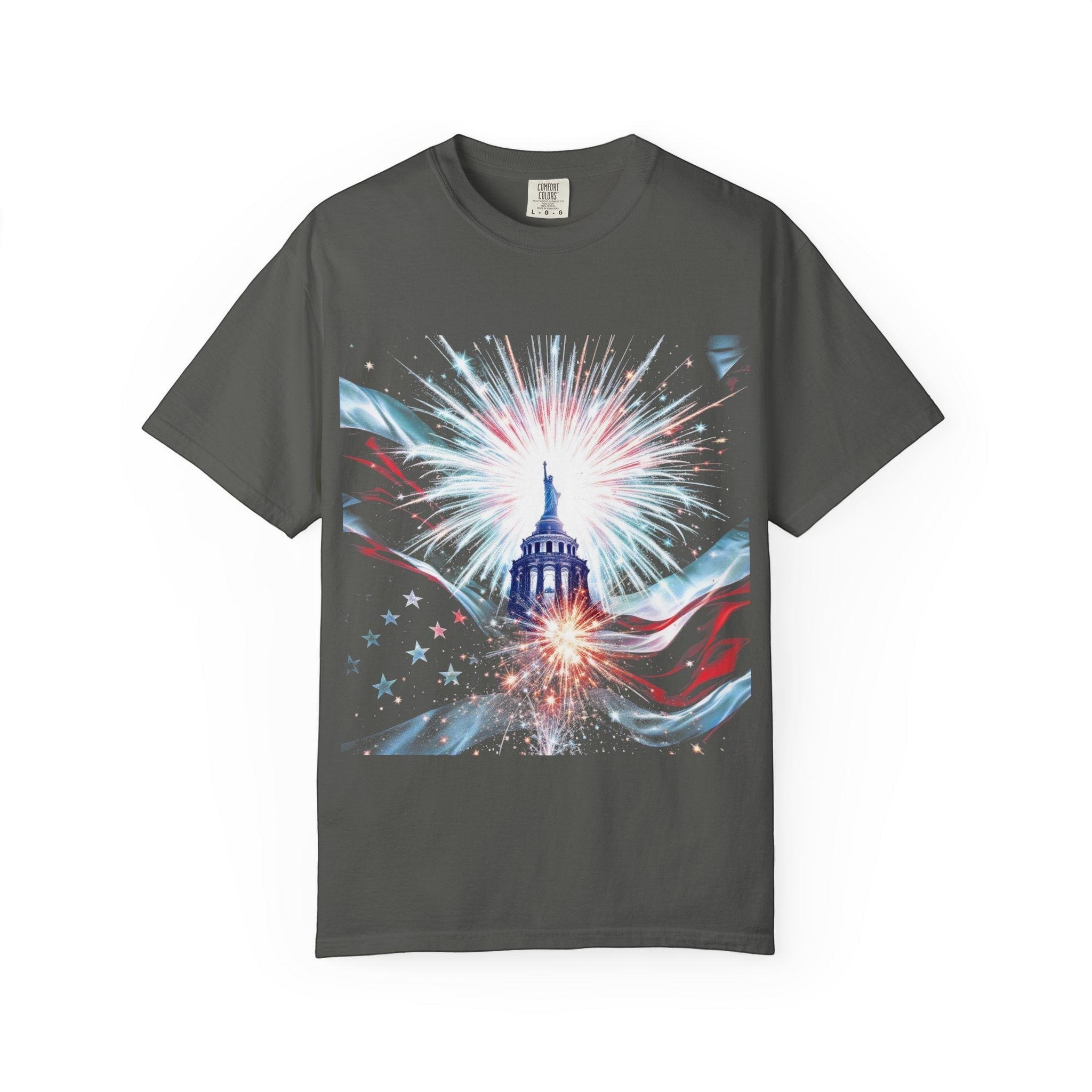 Naughty250 Capitol Fireworks T-Shirt with patriotic graphic of the Capitol dome, fireworks, and US flag. Heavyweight cotton.