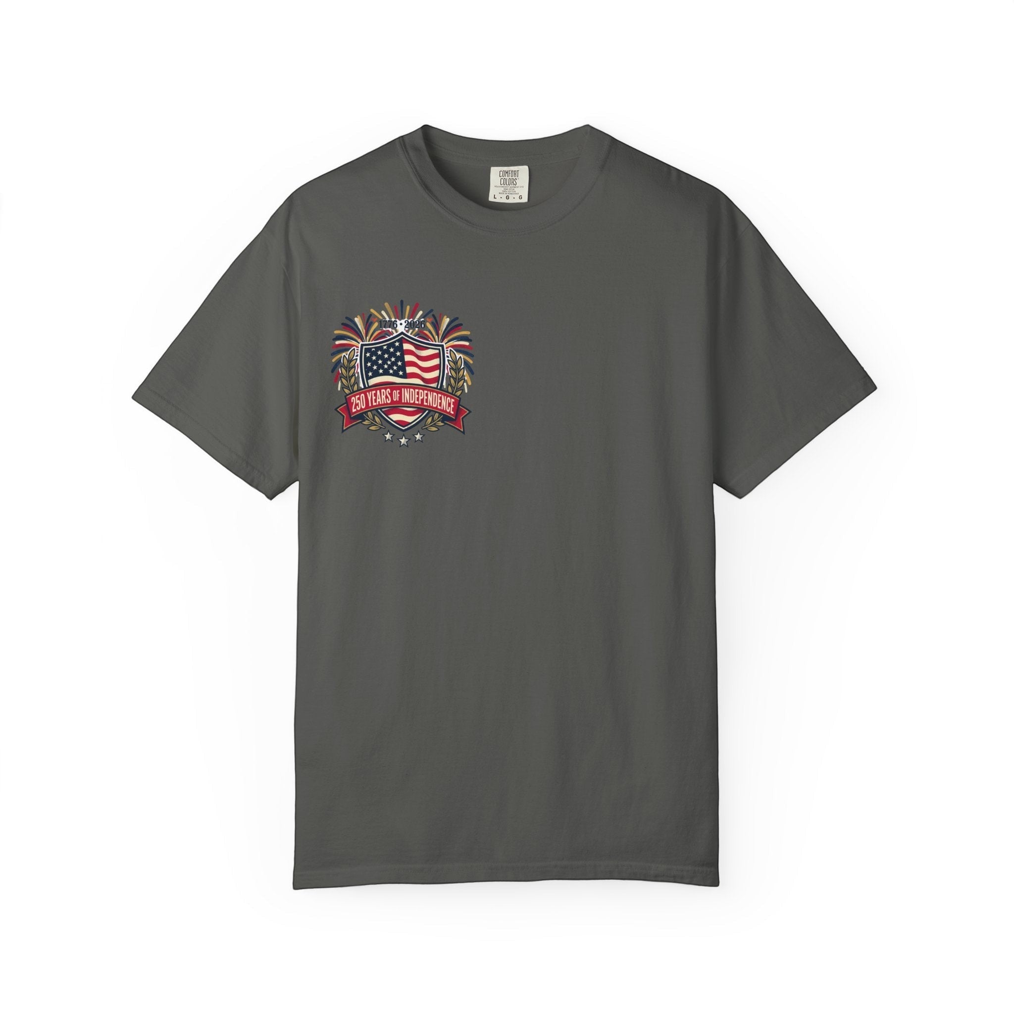 Naughty250 charcoal grey 100% cotton t-shirt with "250 Years of Independence" graphic featuring the American flag and fireworks.