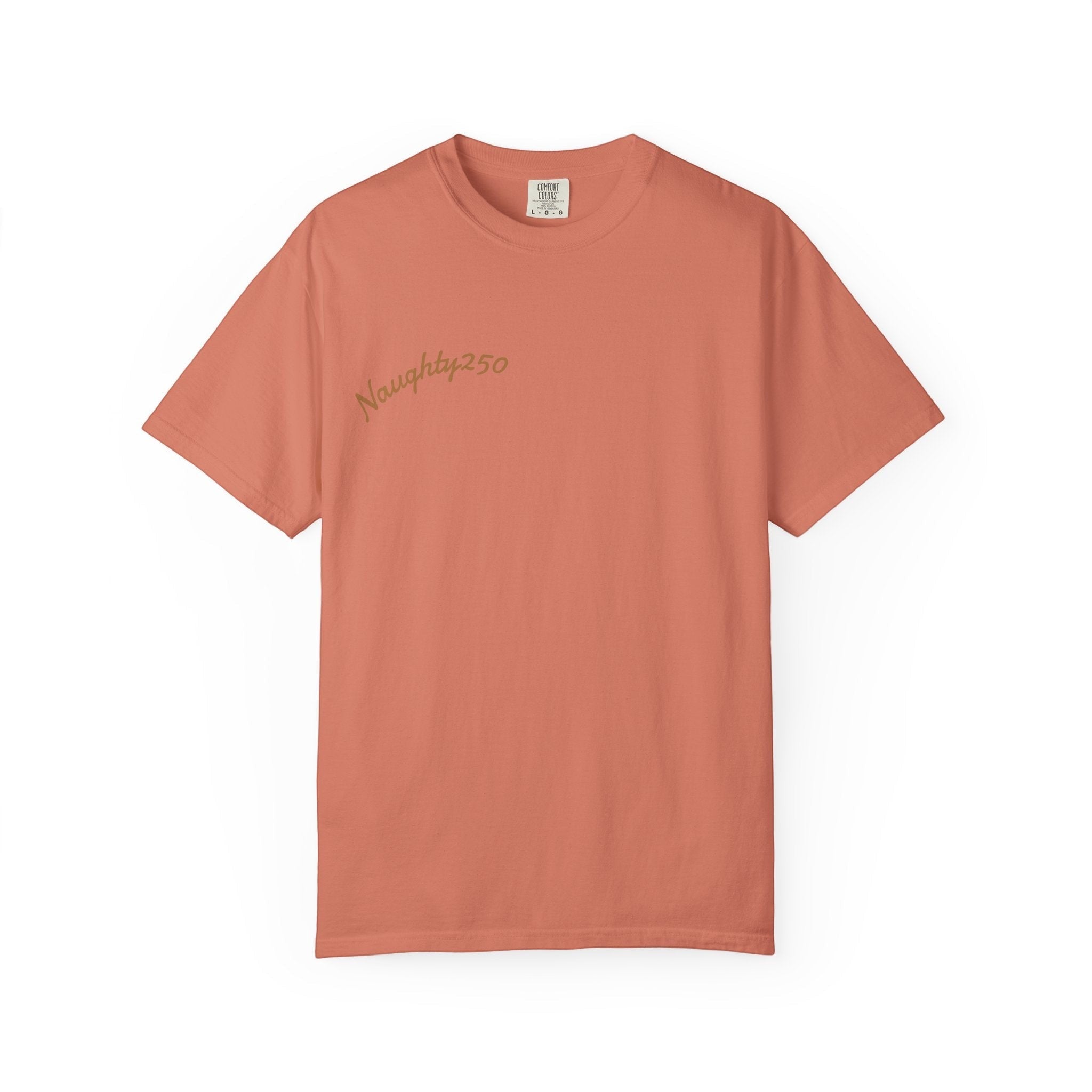 Naughty250 coral orange 100% cotton heavyweight t-shirt with relaxed fit and embroidered logo.