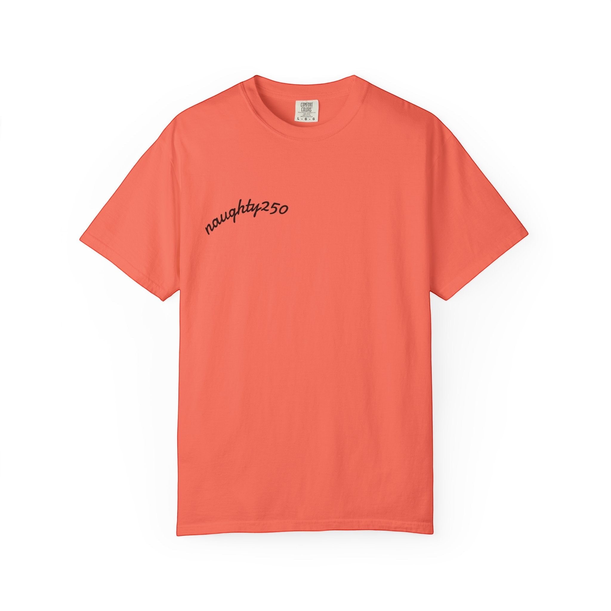 Naughty250 coral heavyweight 100% cotton t-shirt with a relaxed fit and embroidered text.