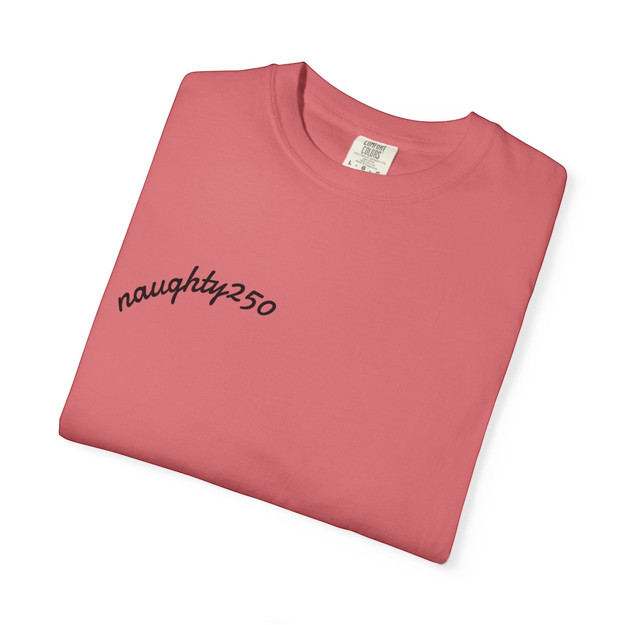 Naughty250 coral heavyweight cotton t-shirt with a relaxed fit and a cheeky patriotic graphic.