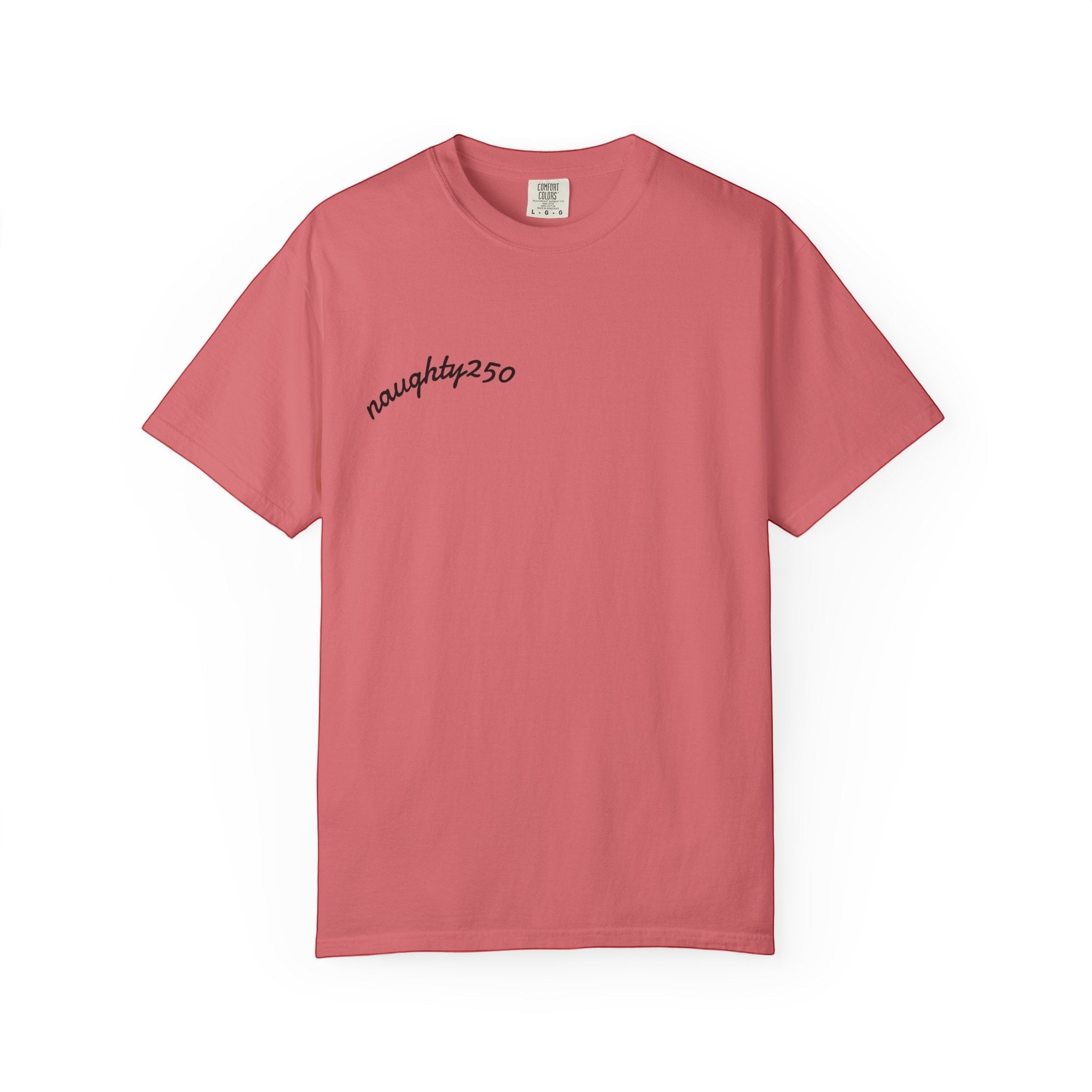 Naughty250 coral heavyweight cotton t-shirt with "naughty250" graphic print on chest.