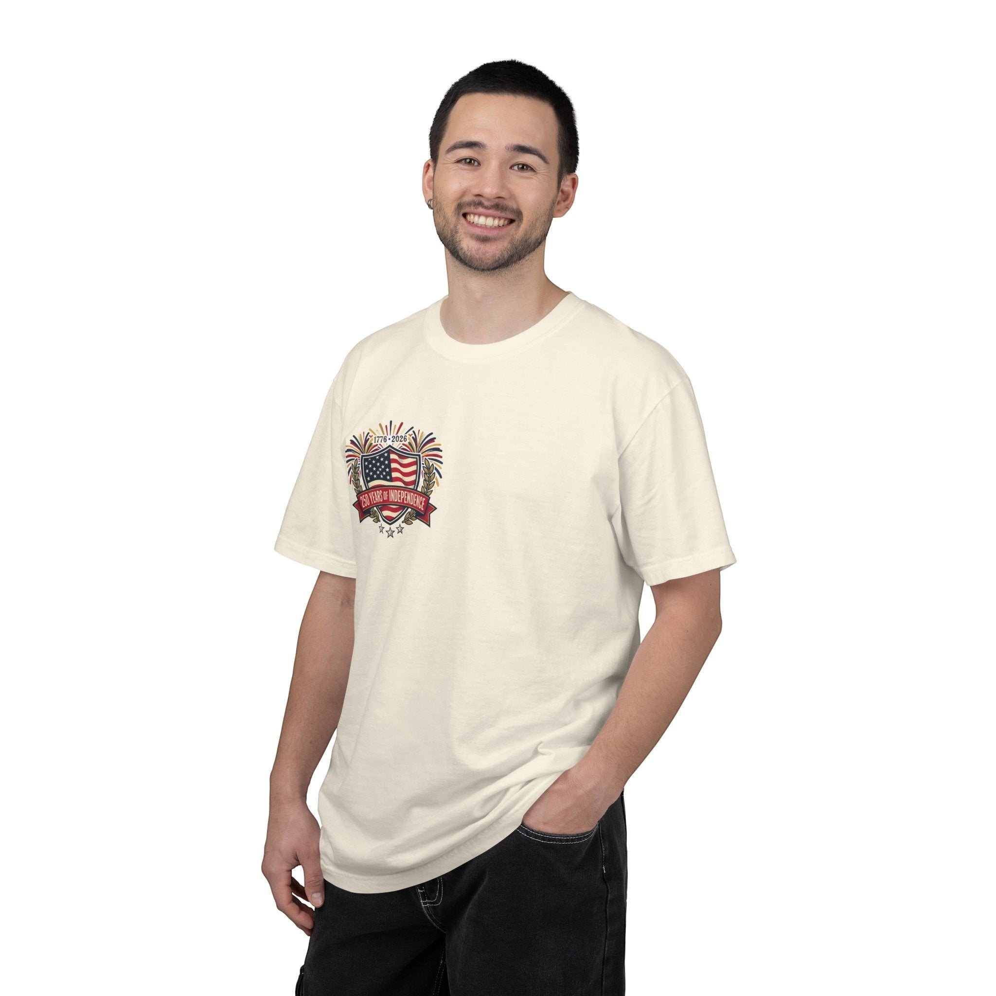 Naughty250 cream 100% cotton t-shirt with "250 Years of Independence" graphic and fireworks.