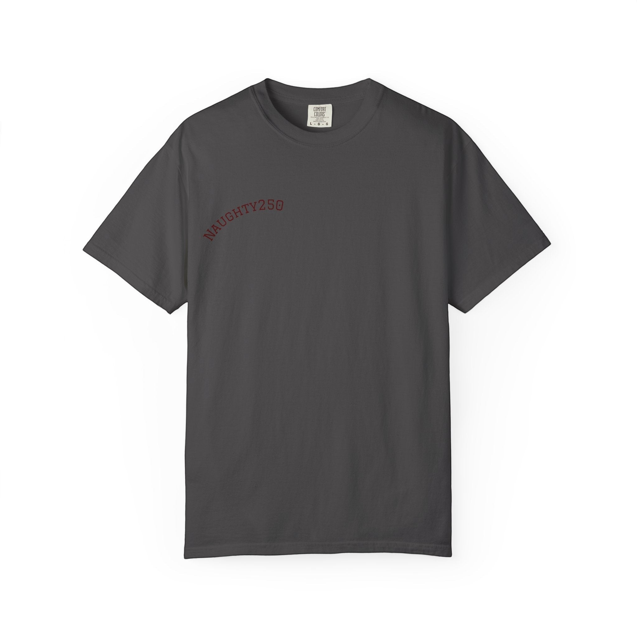 Naughty250 dark grey heavyweight cotton t-shirt with "Still Shooting 250 America" graphic on back.