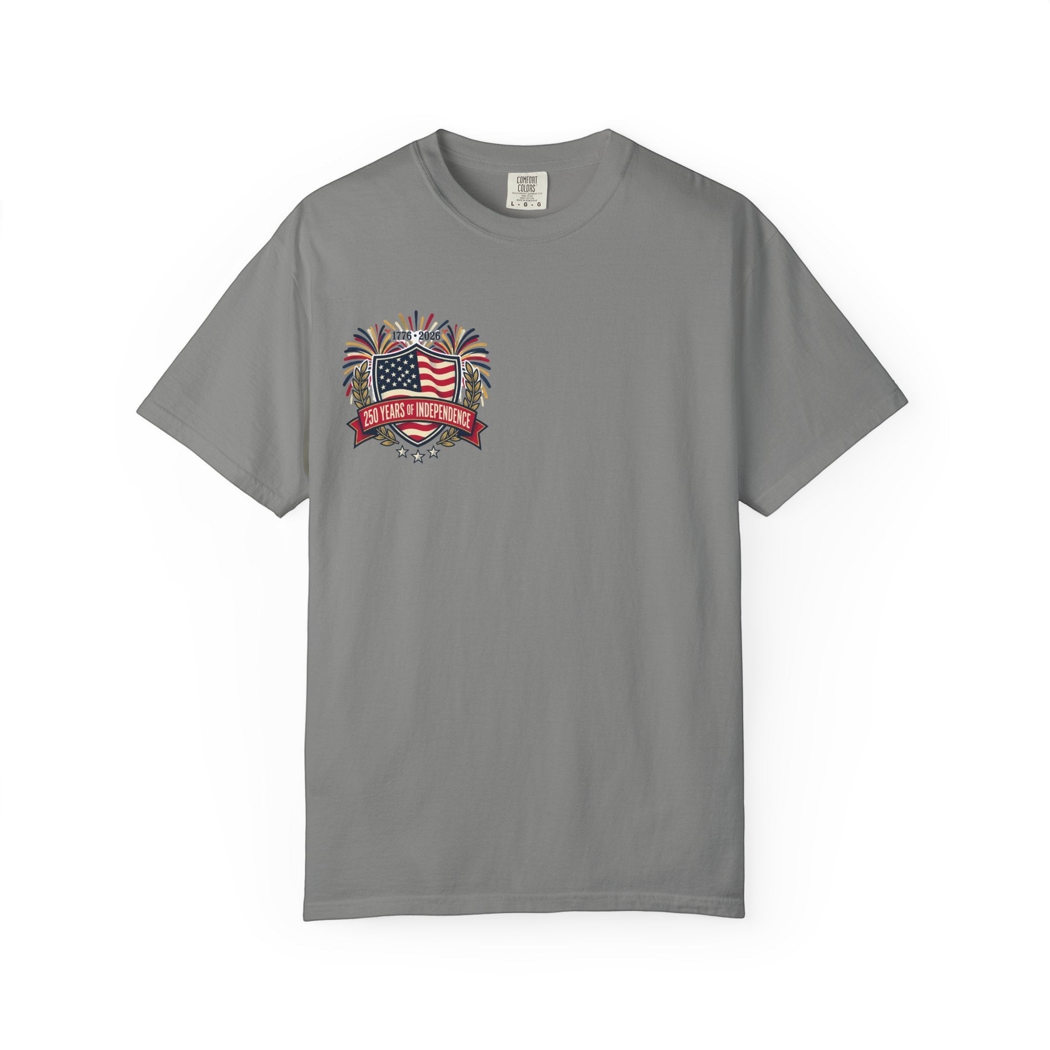 Naughty250 grey 100% cotton t-shirt with 250 Years of Independence graphic on chest.