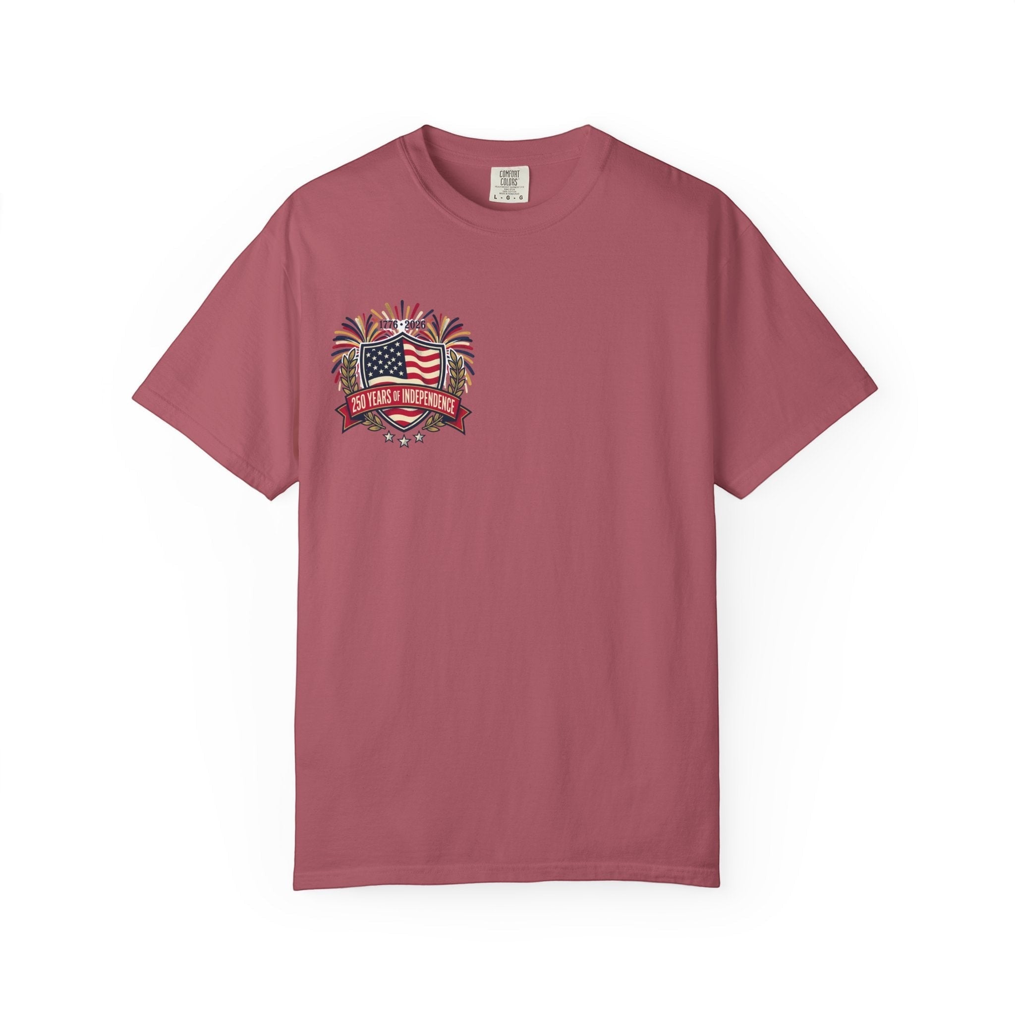 Naughty250 250 Years of Independence graphic tee in rose. 100% US cotton, relaxed fit, garment-dyed.
