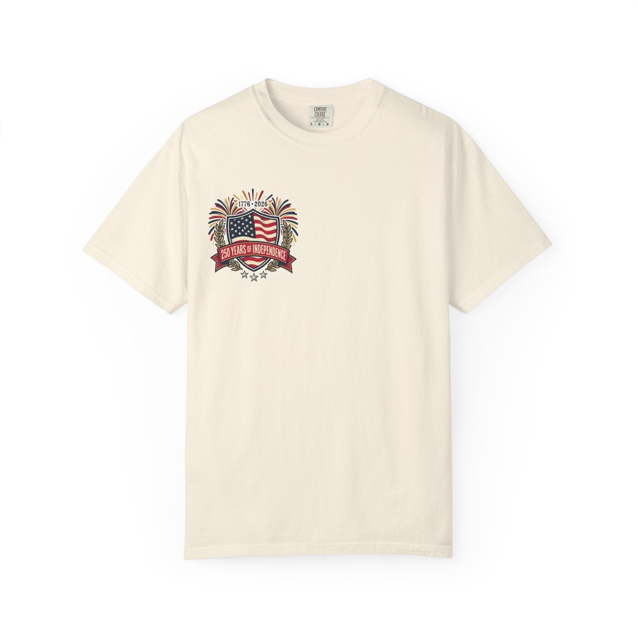 Naughty250 cream 100% cotton t-shirt with "250 Years of Independence" graphic and American flag.