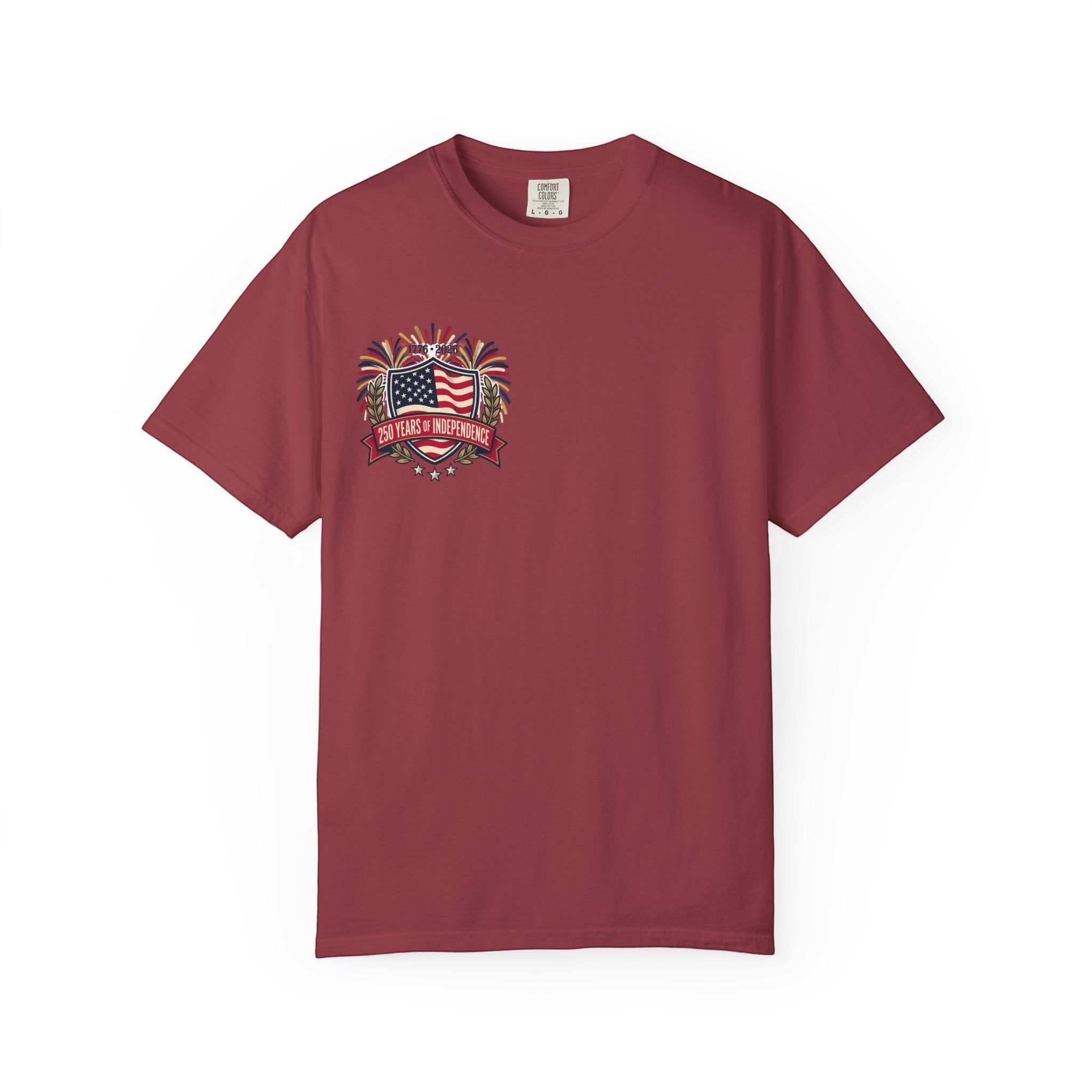Naughty250 maroon 100% cotton t-shirt with "250 Years of Independence" graphic featuring US flag and fireworks.