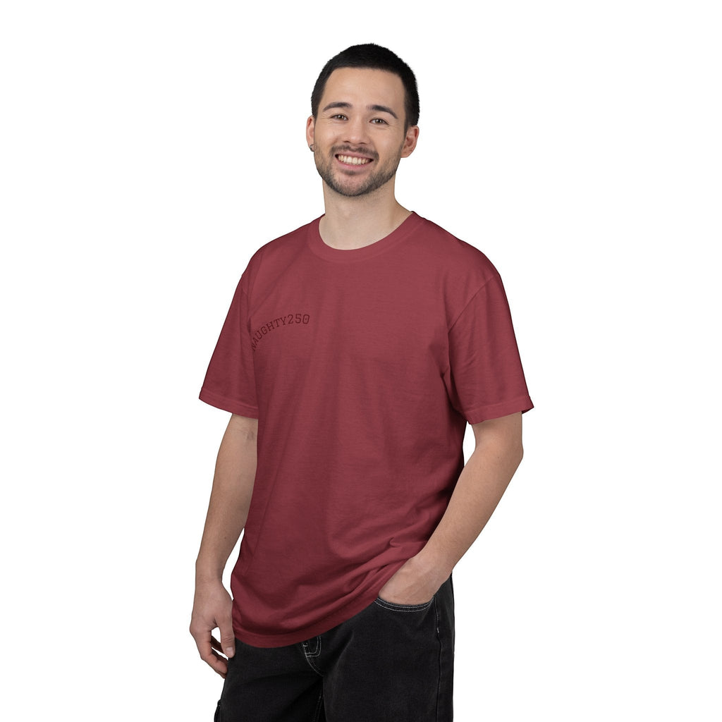 Naughty250 maroon heavyweight cotton t-shirt with "Still Shooting 250 America" graphic on back. Relaxed fit, garment-dyed.