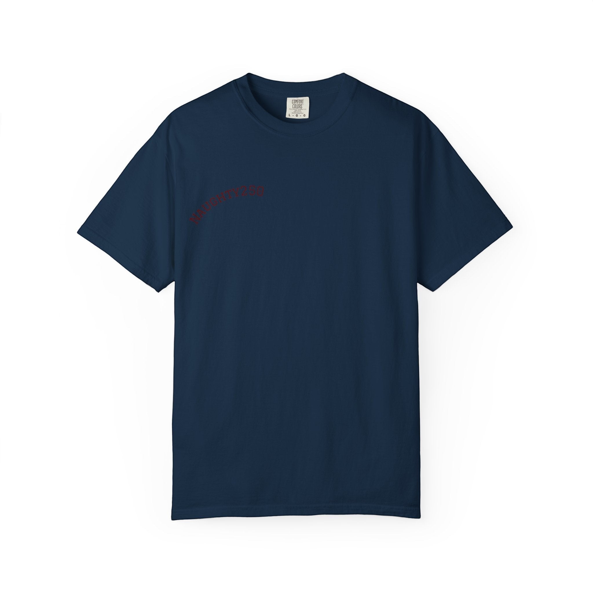 Naughty250 navy blue heavyweight cotton t-shirt with "Still Shooting 250 America" graphic on front.