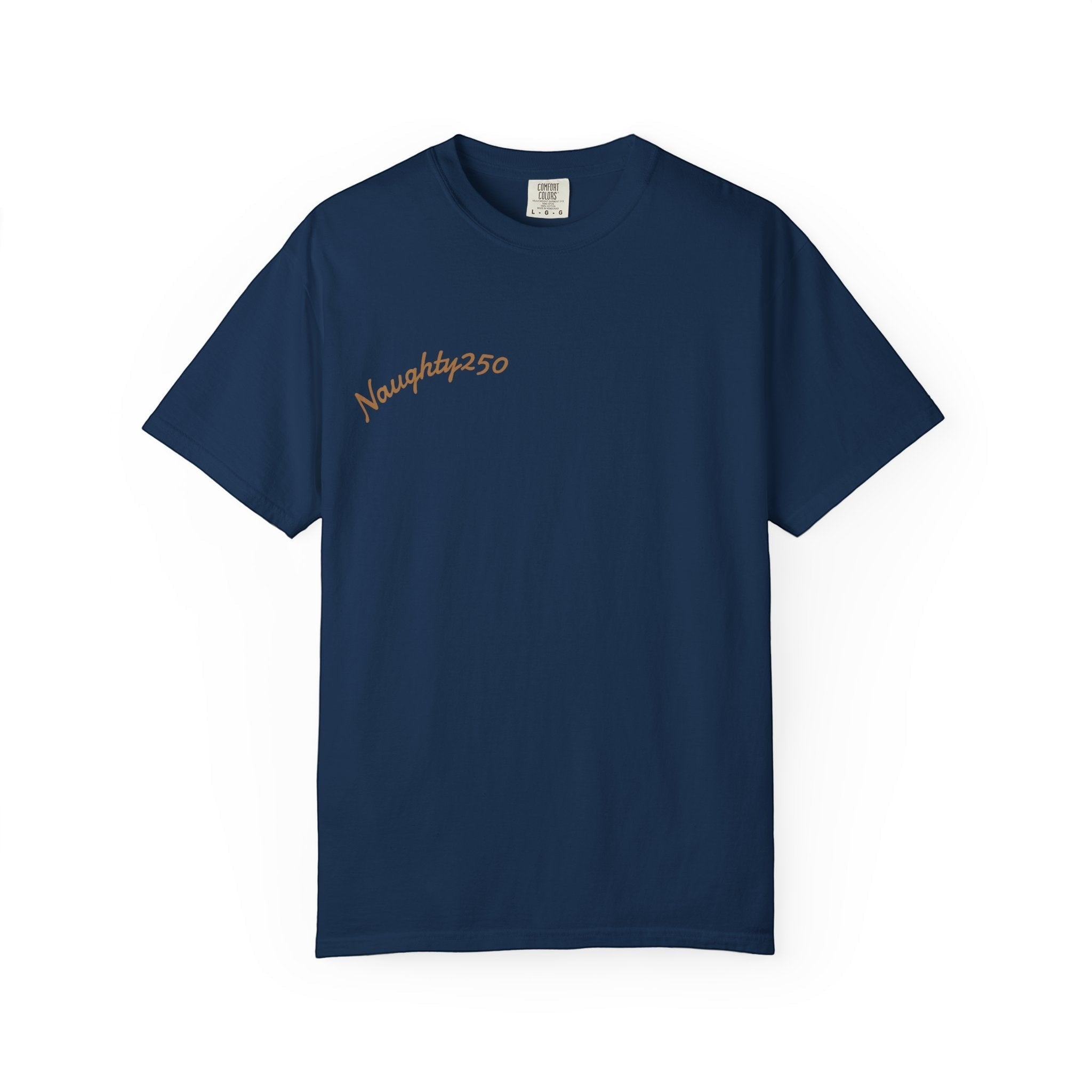 Naughty250 navy blue 100% cotton heavyweight t-shirt with embroidered logo on chest.