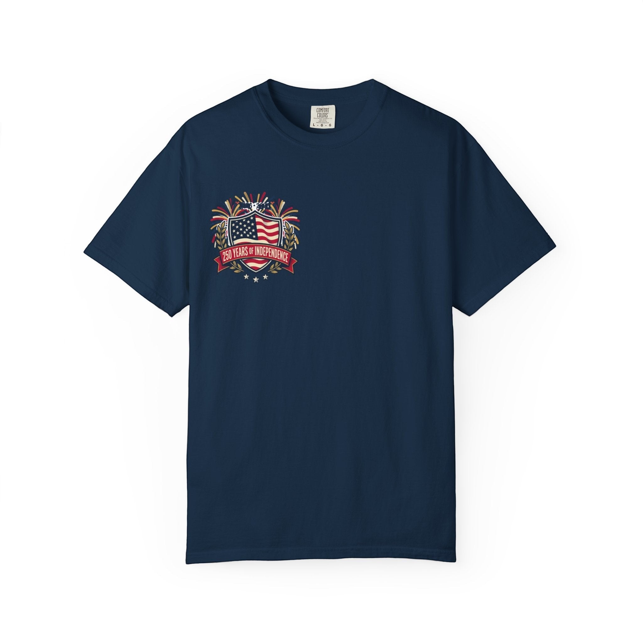 Naughty250 navy blue 100% cotton t-shirt with "250 Years of Independence" graphic on chest.